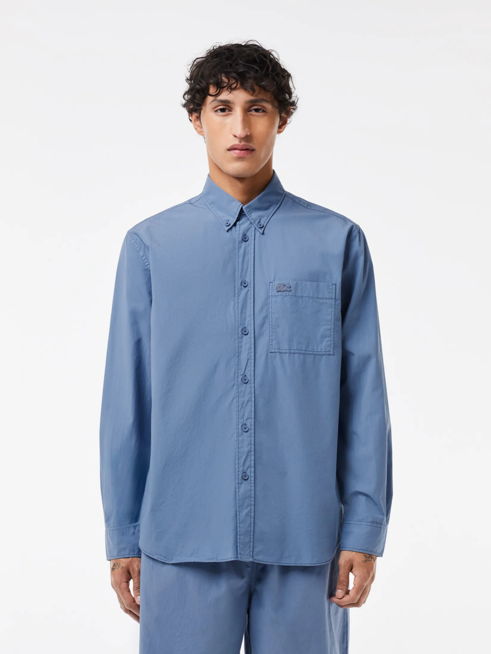 LACOSTE Relaxed Fit Washed Effect Poplin Shirt Blue