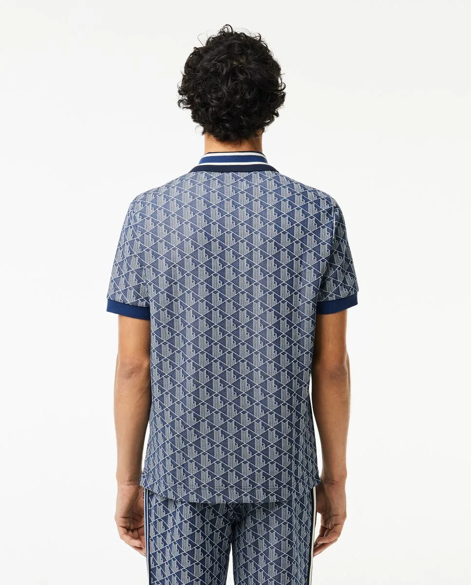LACOSTE Navy Blue Classic Fit Contrast Collar Monogram Motif Polo Shirt