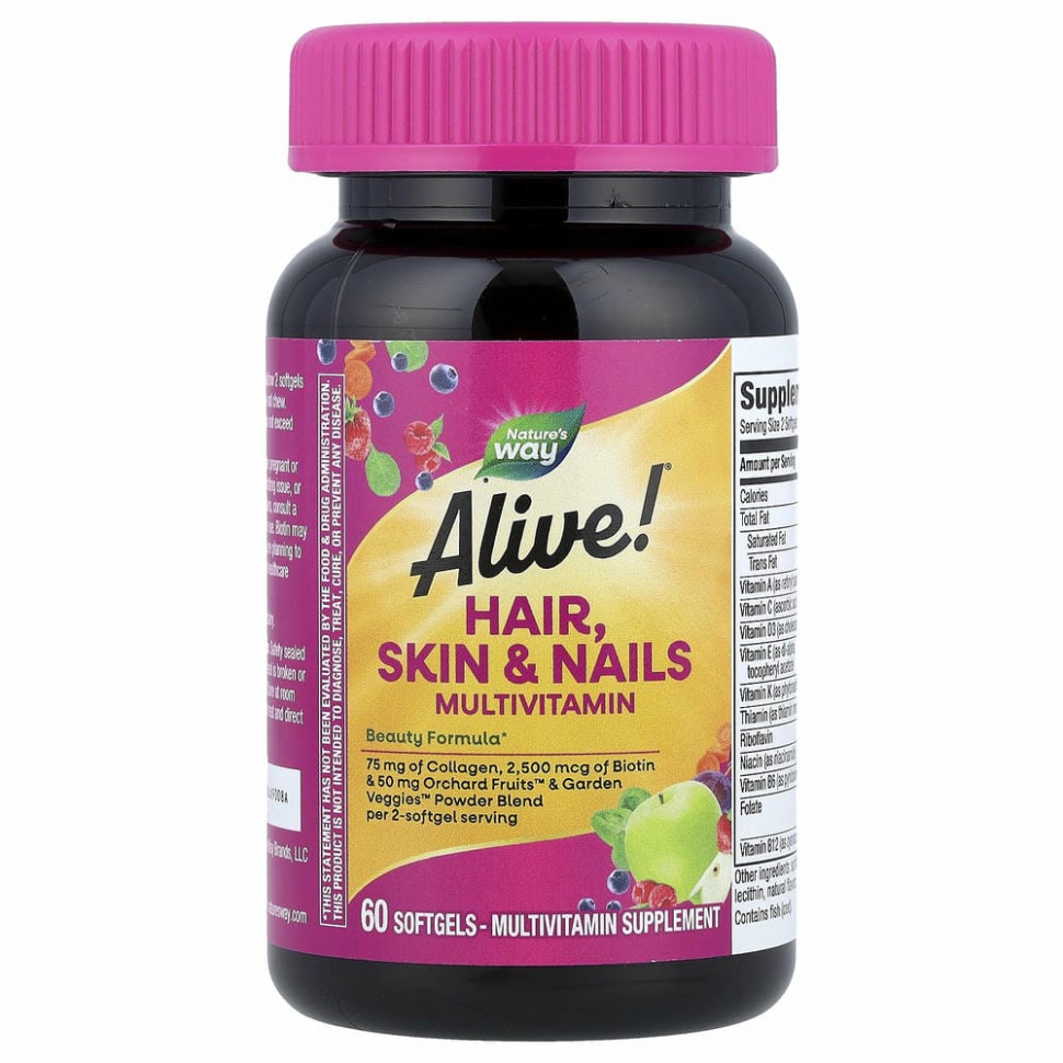 Nature's Way, Alive! мультивитамины для волос, кожи и ногтей, со вкусом клубники, 60 капсул