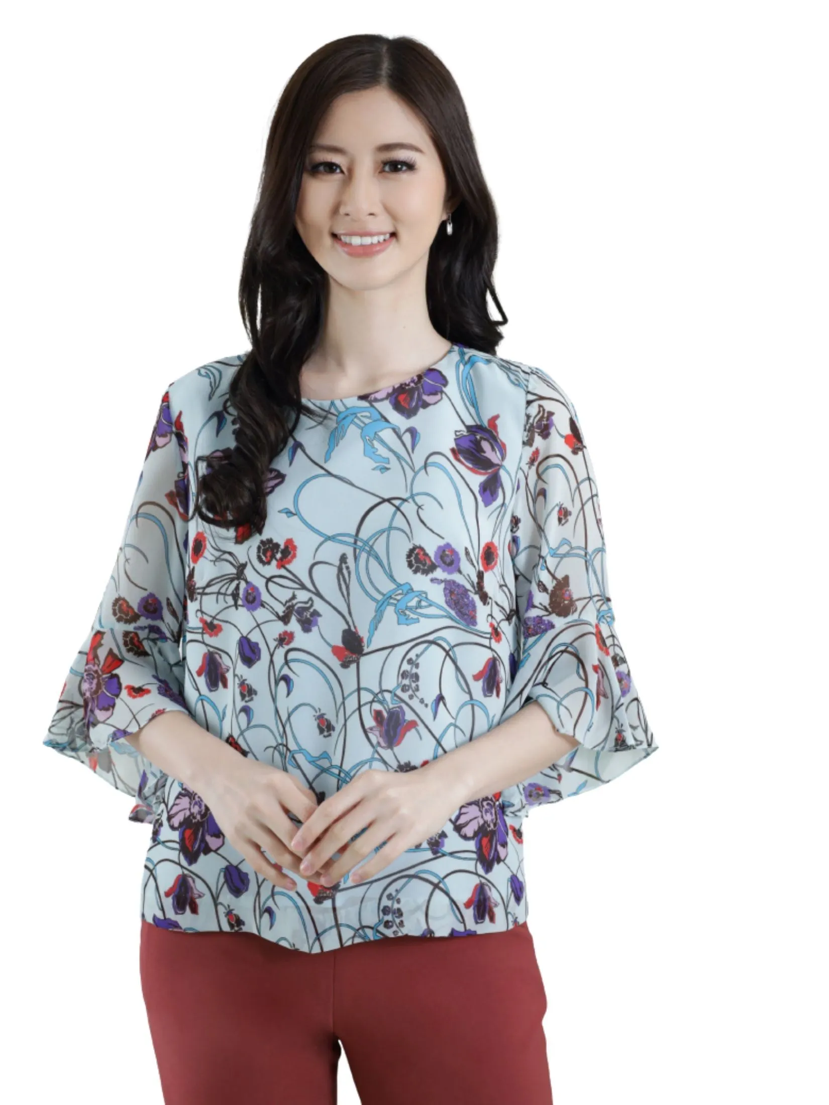 MIKIKO Women Blouse Long Sleeves Chiffon Print Blue