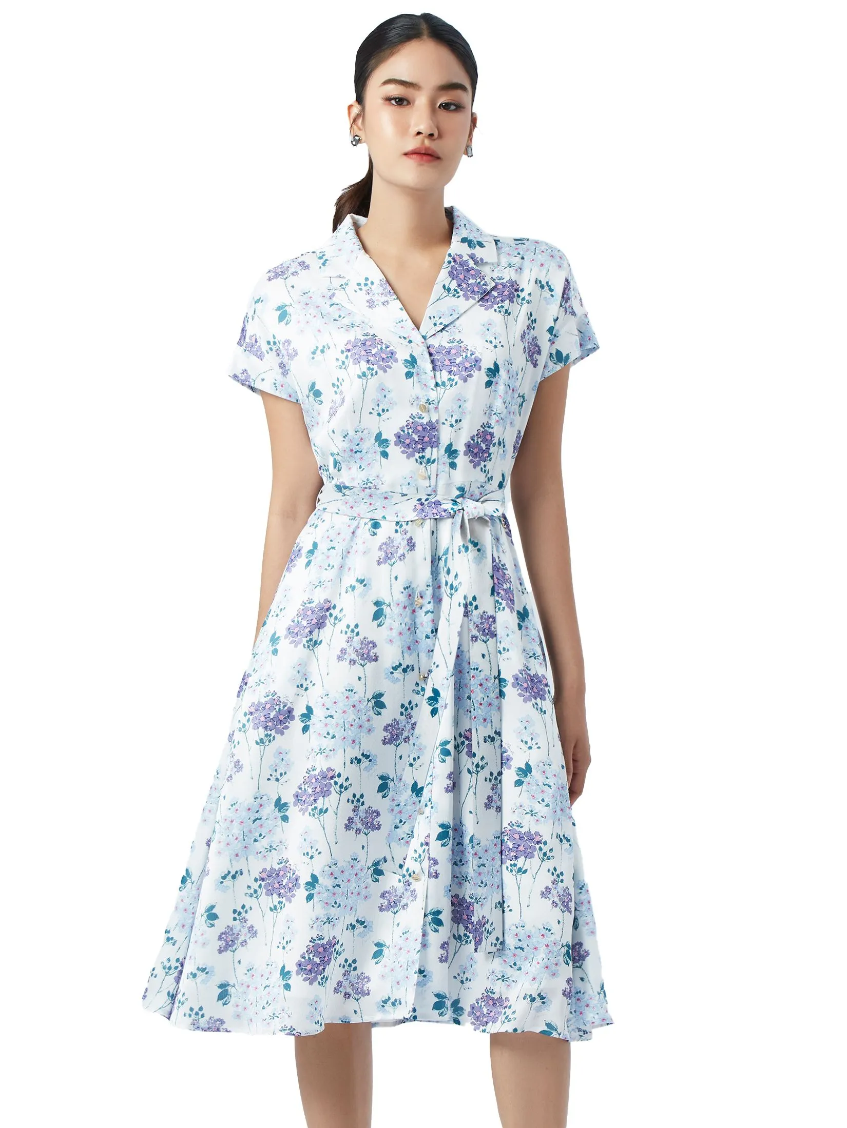 ESPADA Lapel Collar Floral Print Dress