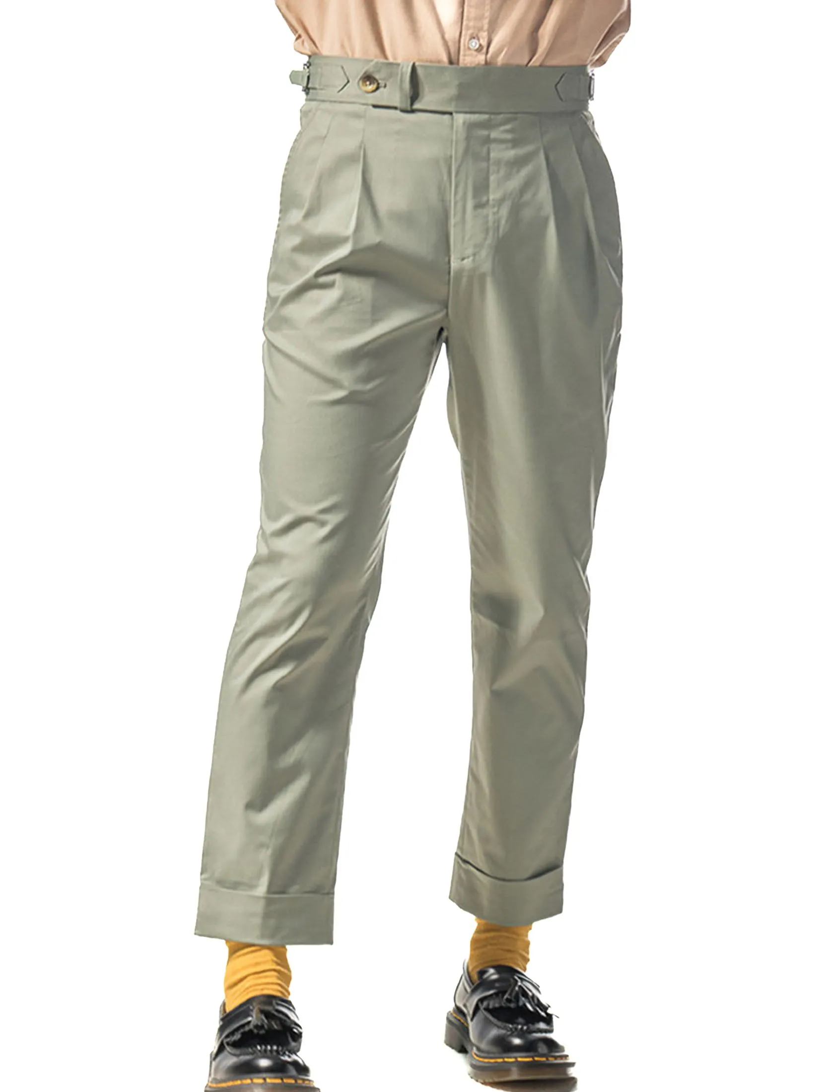 ERA-WON Men's Double belts trousers skinny crop fit Green