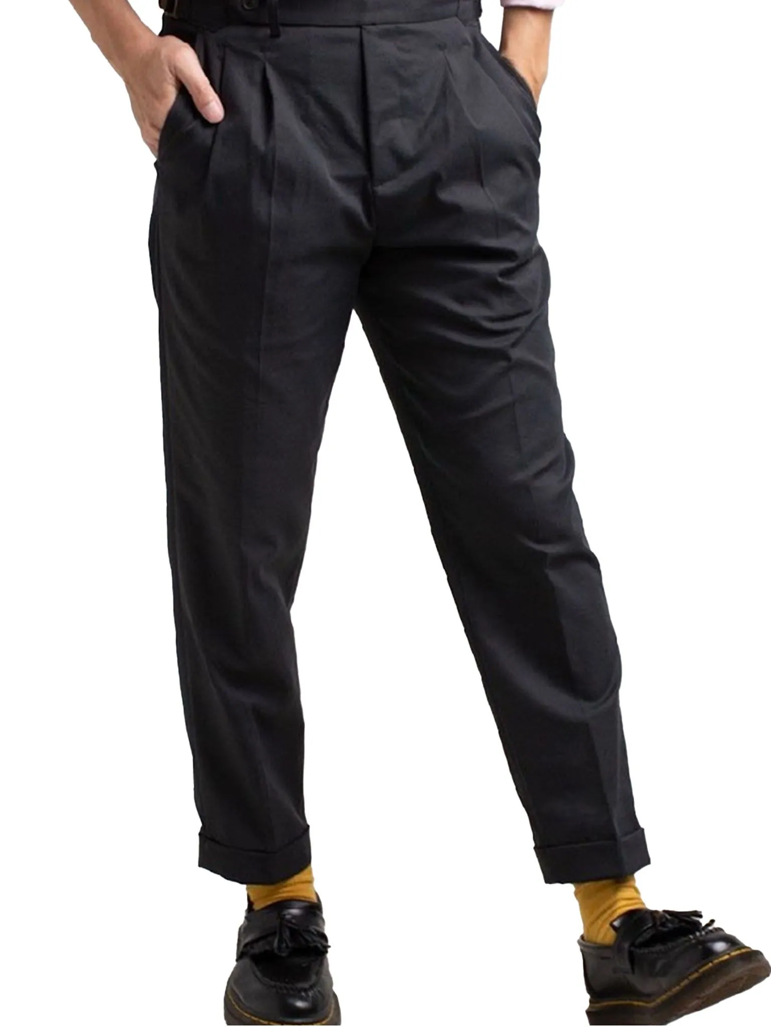 ERA-WON MEN'S PANTS DOUBLE BELTS TROUSERS GOLDEN HOOKS BLACK