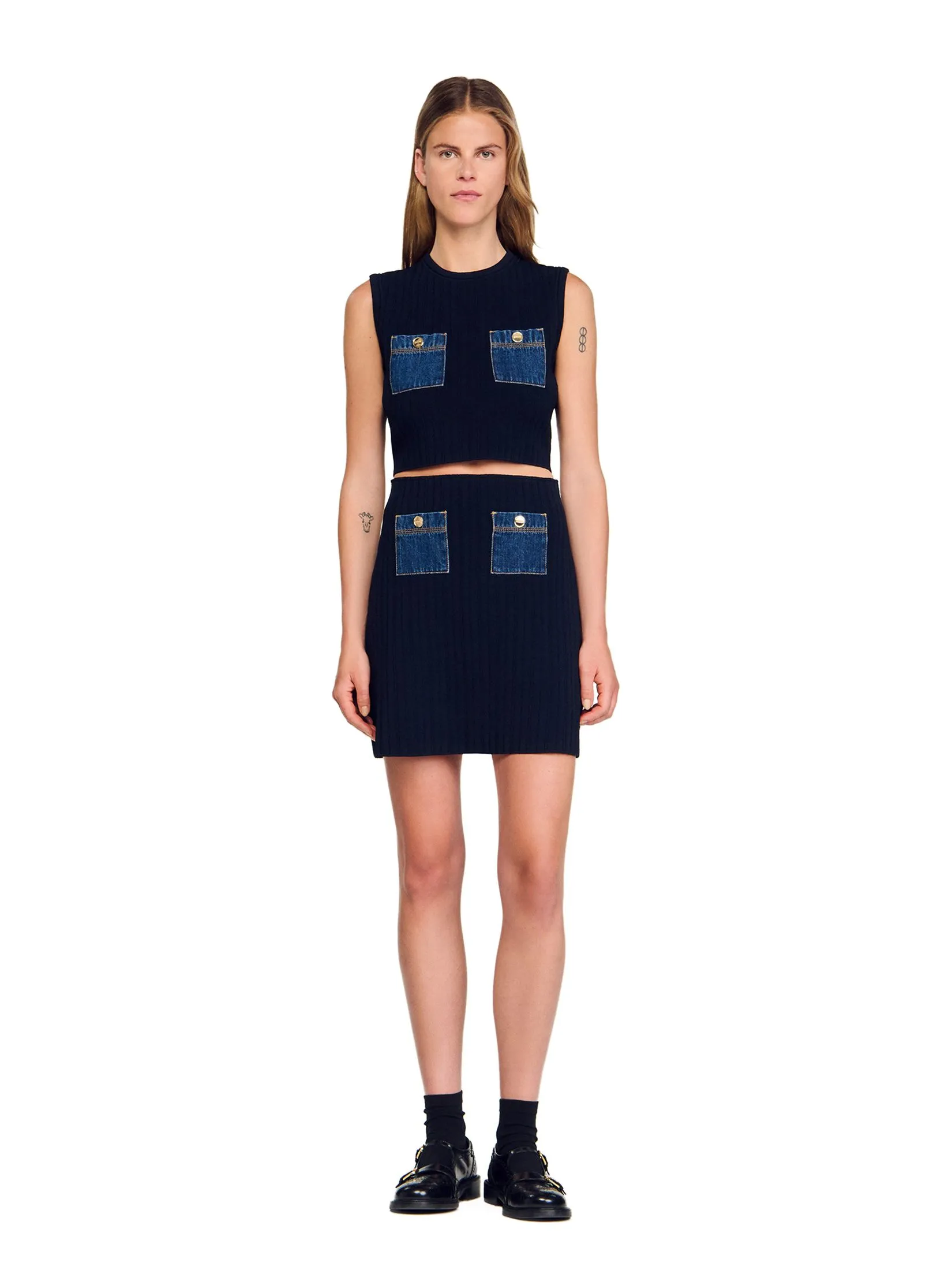 SANDRO Mini Knit and Denim Skirt