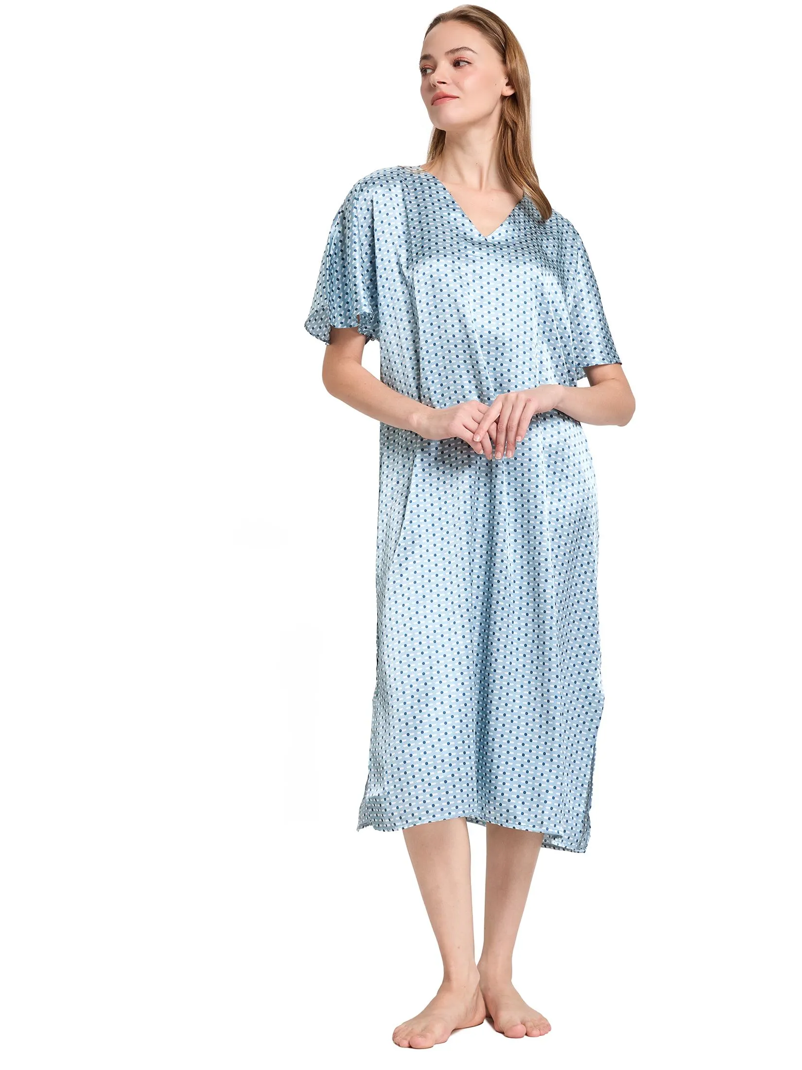 ELIZABETH Women Night Dress Short Sleeves Light Blue