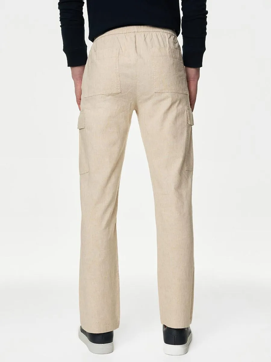 MARKS & SPENCER Men Cargo Trousers Linen Rich Elasticated Waist Stone