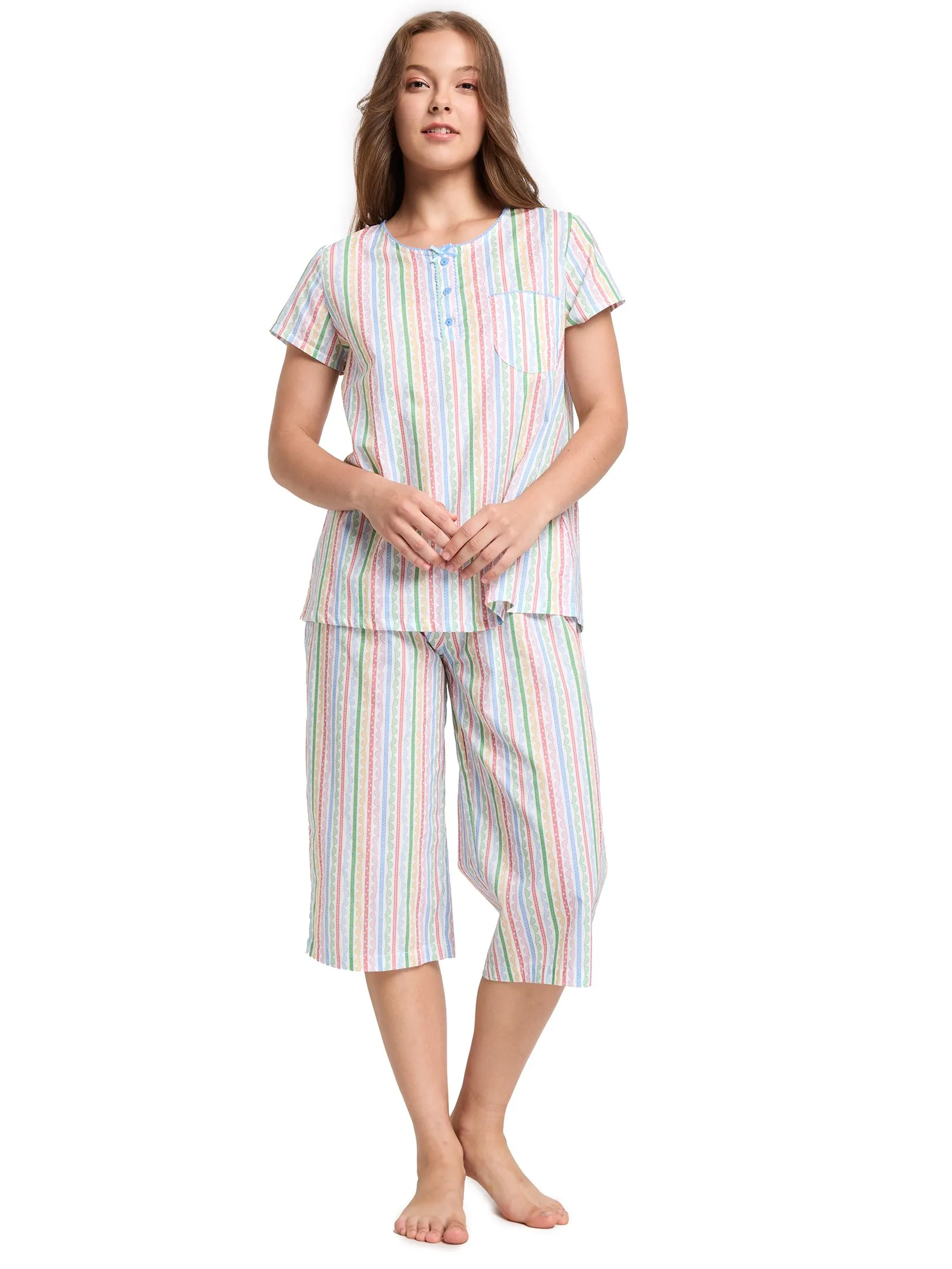 CLAUDIA'S ROMANCE Women Pyjamas Shirt Short Sleeves Crew Neck + 3/4 Pants Print Multi-color