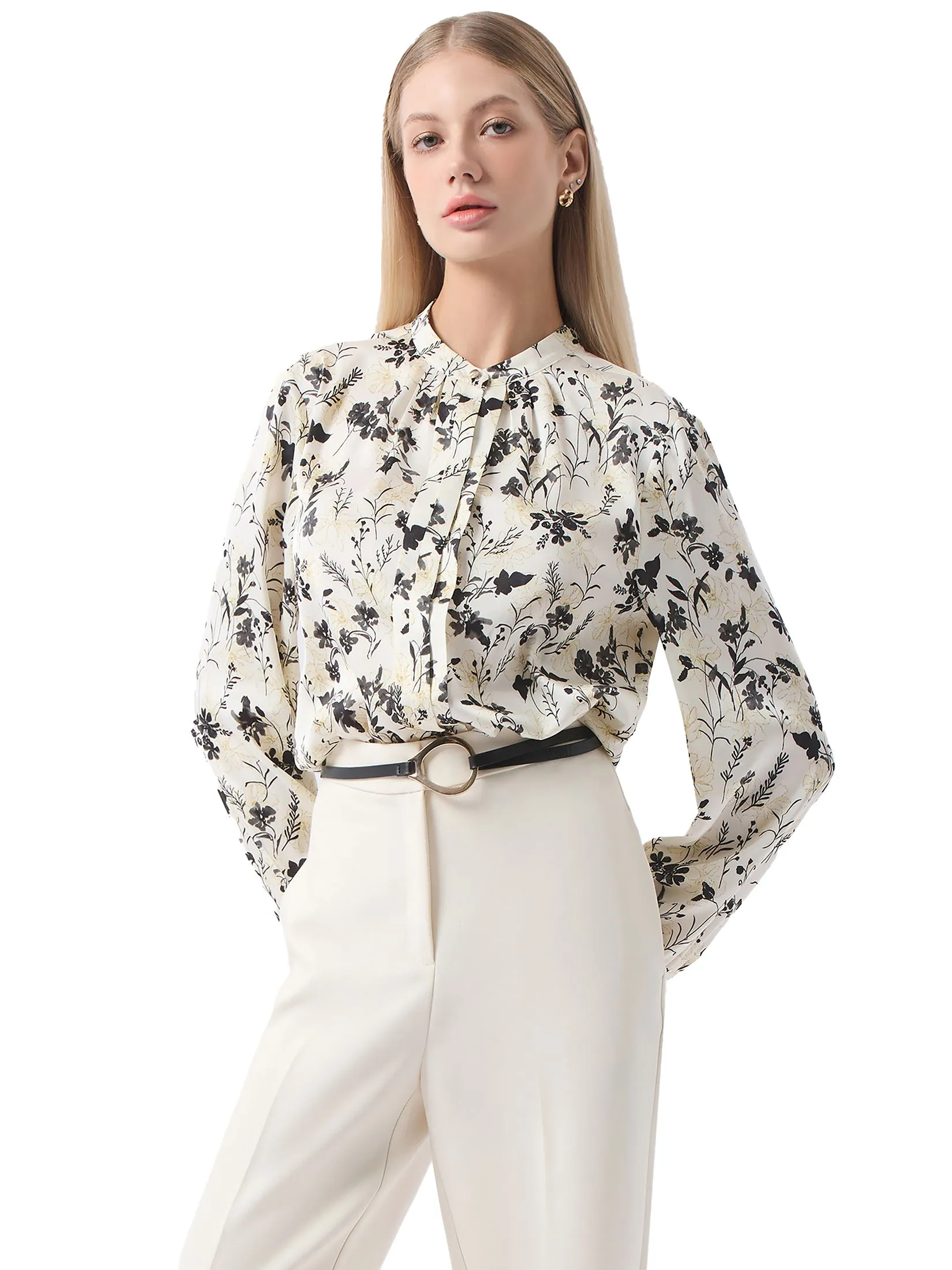 ESPADA Stand Collar Floral Print Blouse Women Ivory