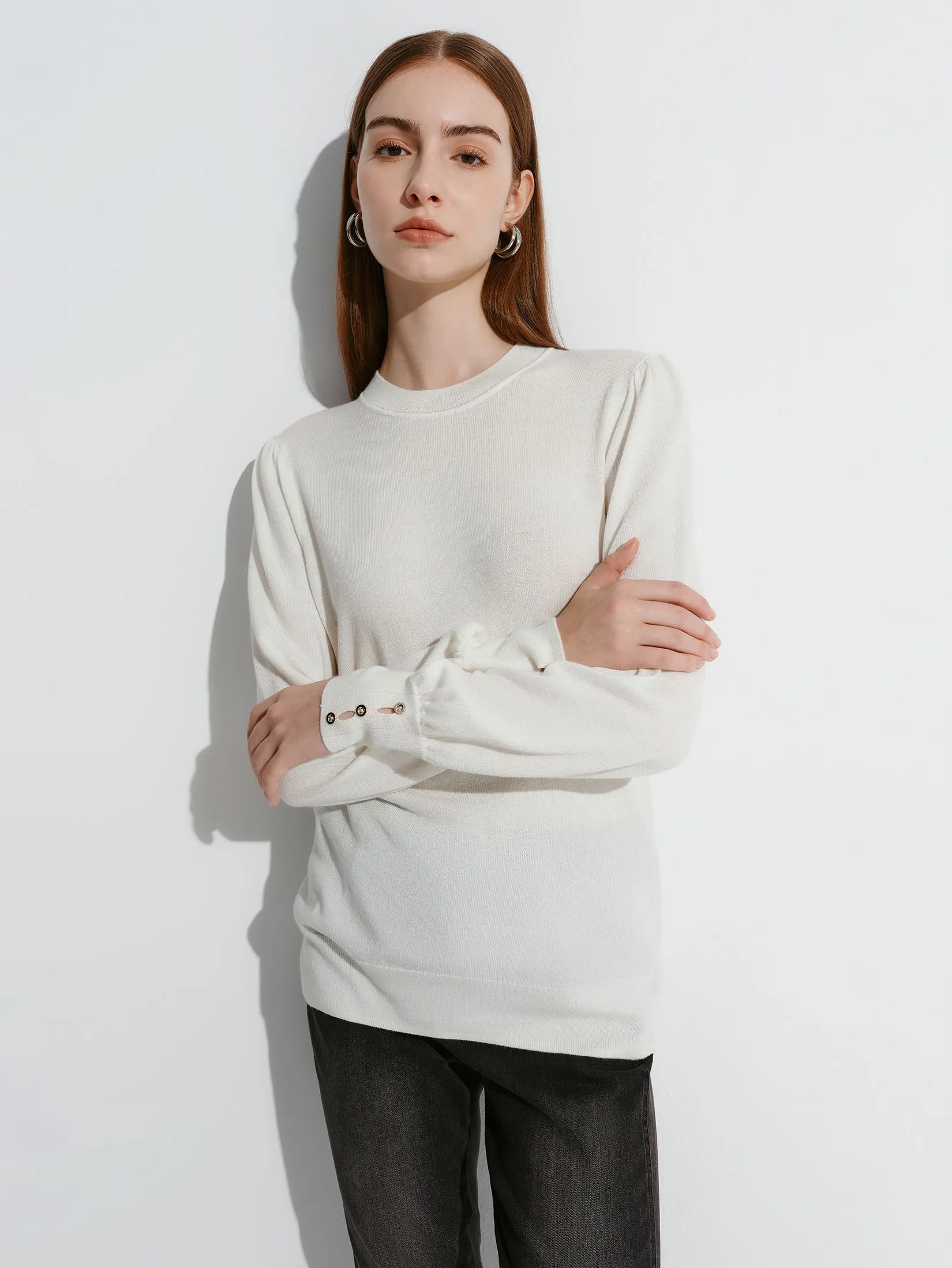 G2000 Women Clothing Crew Neck Puff Sleve Sweater Top Regular Fit - Off-White