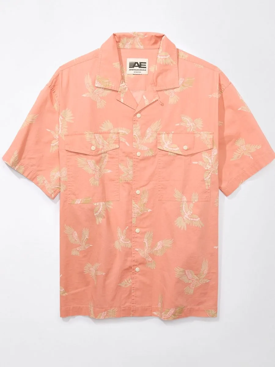 AMERICAN EAGLE MEN KRIS BIRDS SS OVERSIZED 2 PKT CAMP COLLAR STAFFORD FADE SHIRT 612 CORAL SUN