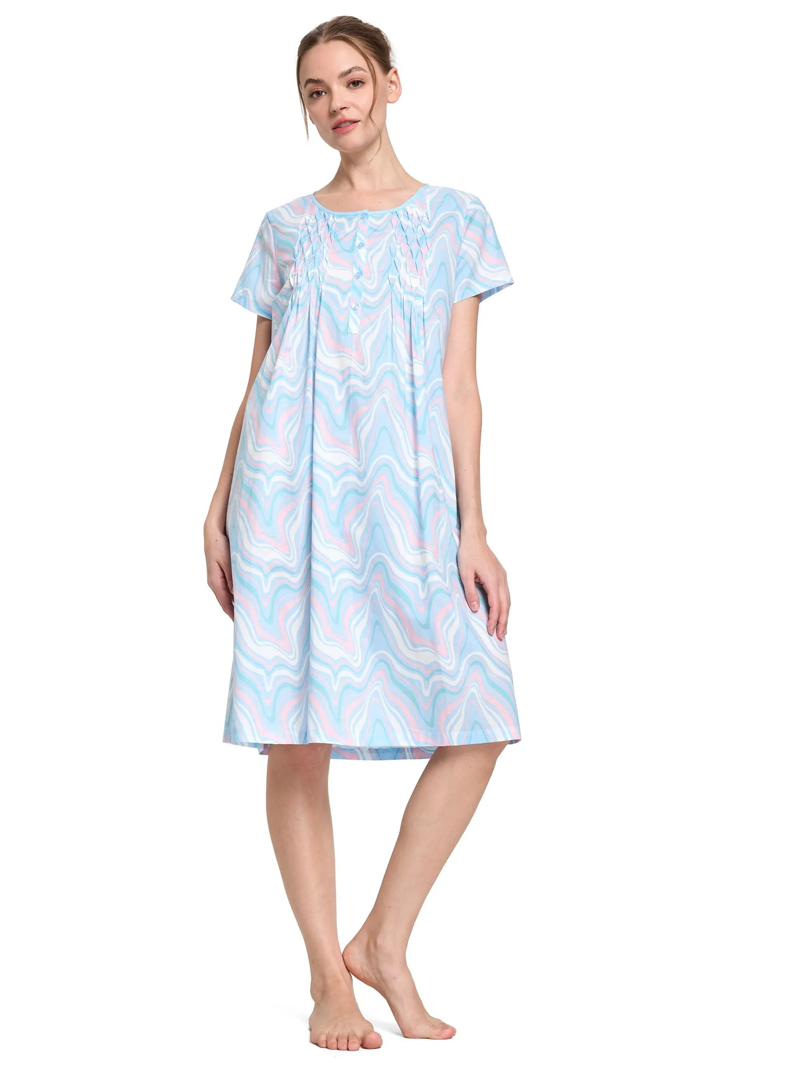 CLAUDIA'S ROMANCE Women Pyjamas Dress Short Sleeves Round Neck Marble Swirl Light Blue