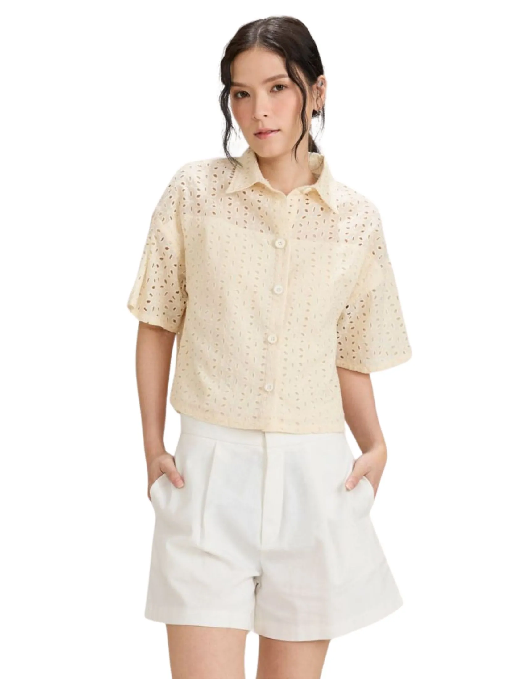 AMILA Women Shirt Short Sleeves Cotton Embroidery Cream
