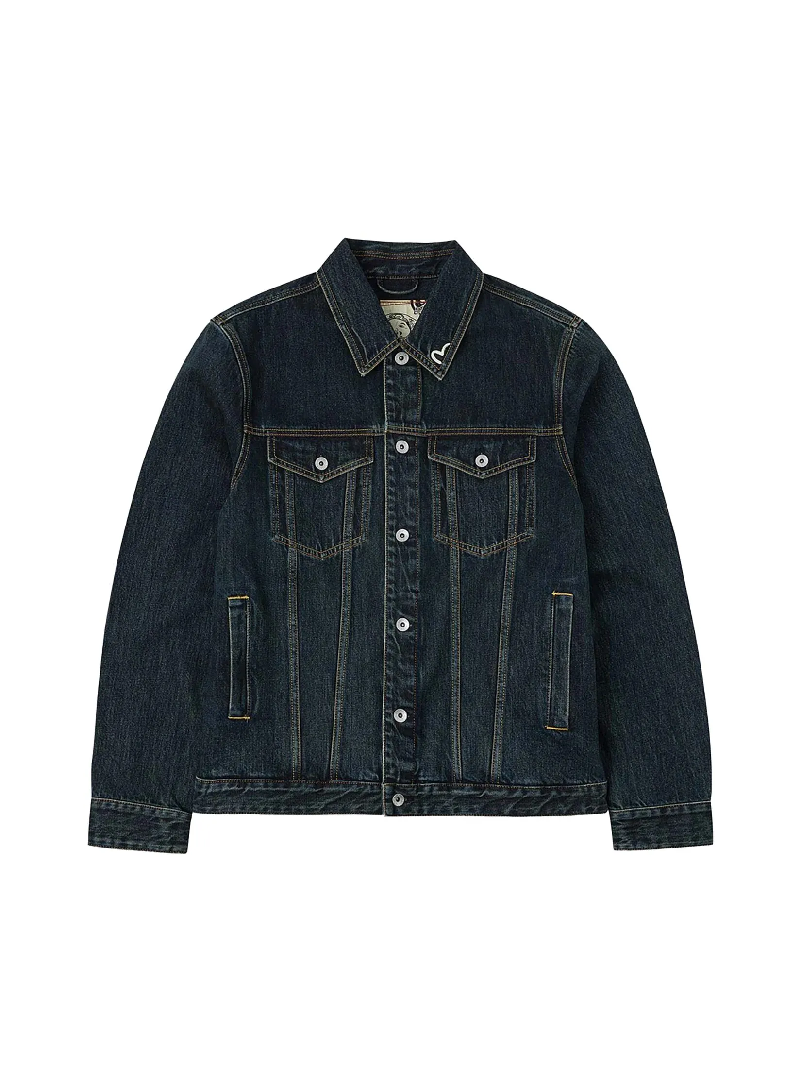 EVISU Men Denim Jacket Washed Brushstroke Daicock Print Regular Fit Indigo