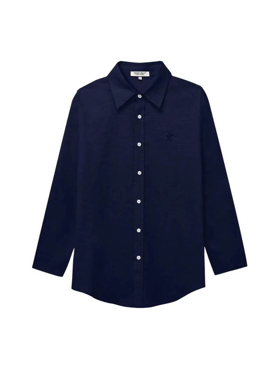 BEVERLY HILLS POLO CLUB Men Cotton Linen Relax Fit Shirt Long Sleeve, Dark Blue