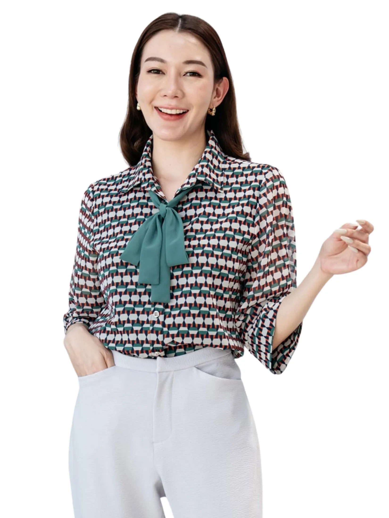 MIKIKO Women Shirt Long Sleeves Chiffon Print Green Size - M