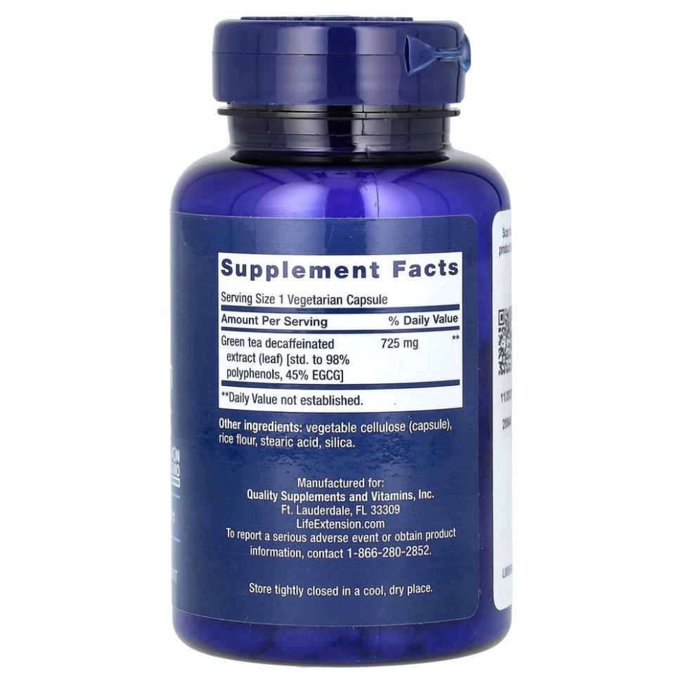 Life Extension, мегаэкстракт зеленого чая, без кофеина, 100 вегетарианских капсул