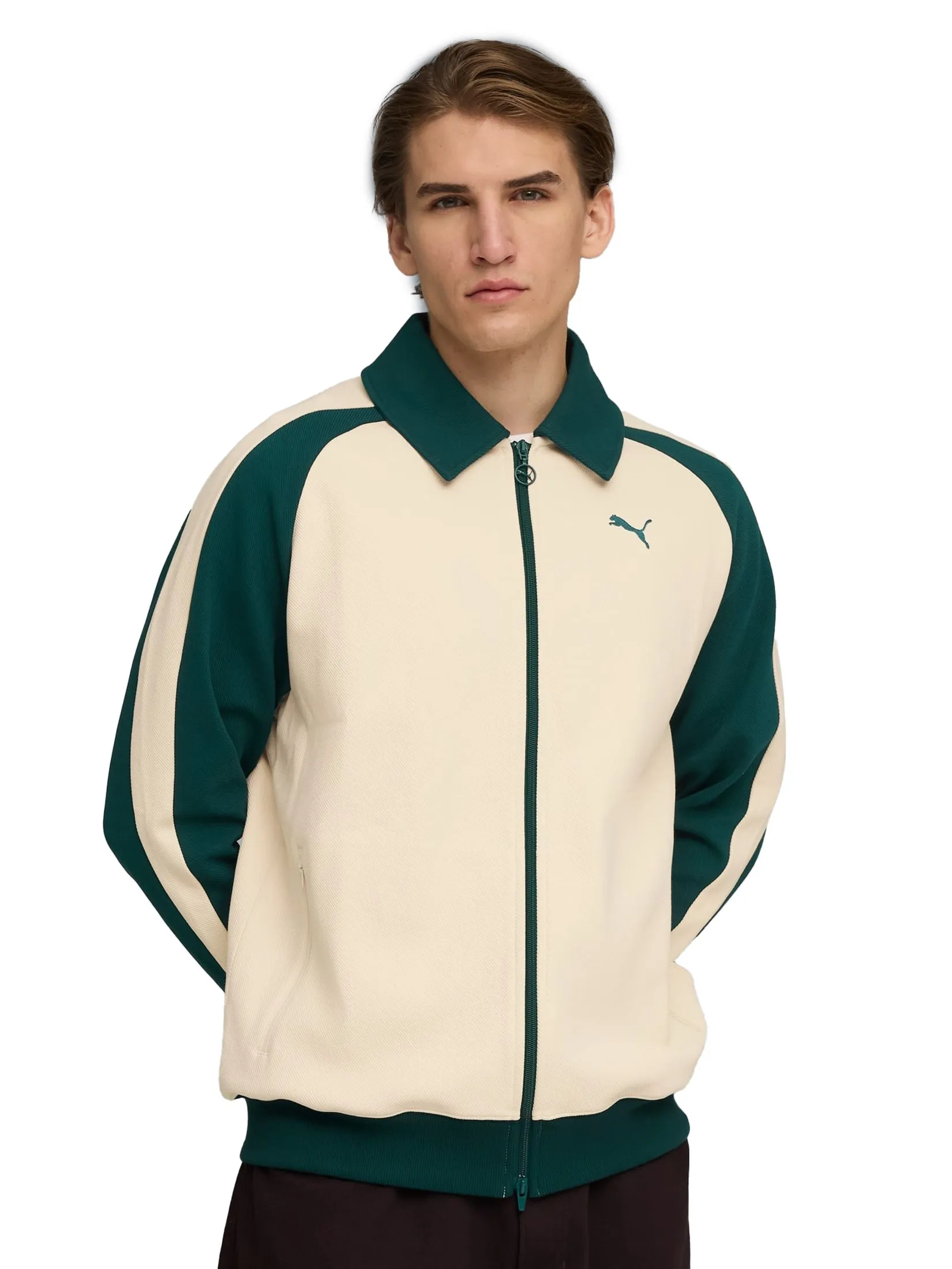 PUMA Unisex Track Jacket T7 Relaxed Wing Collar Alpine Snow-Green Terrain