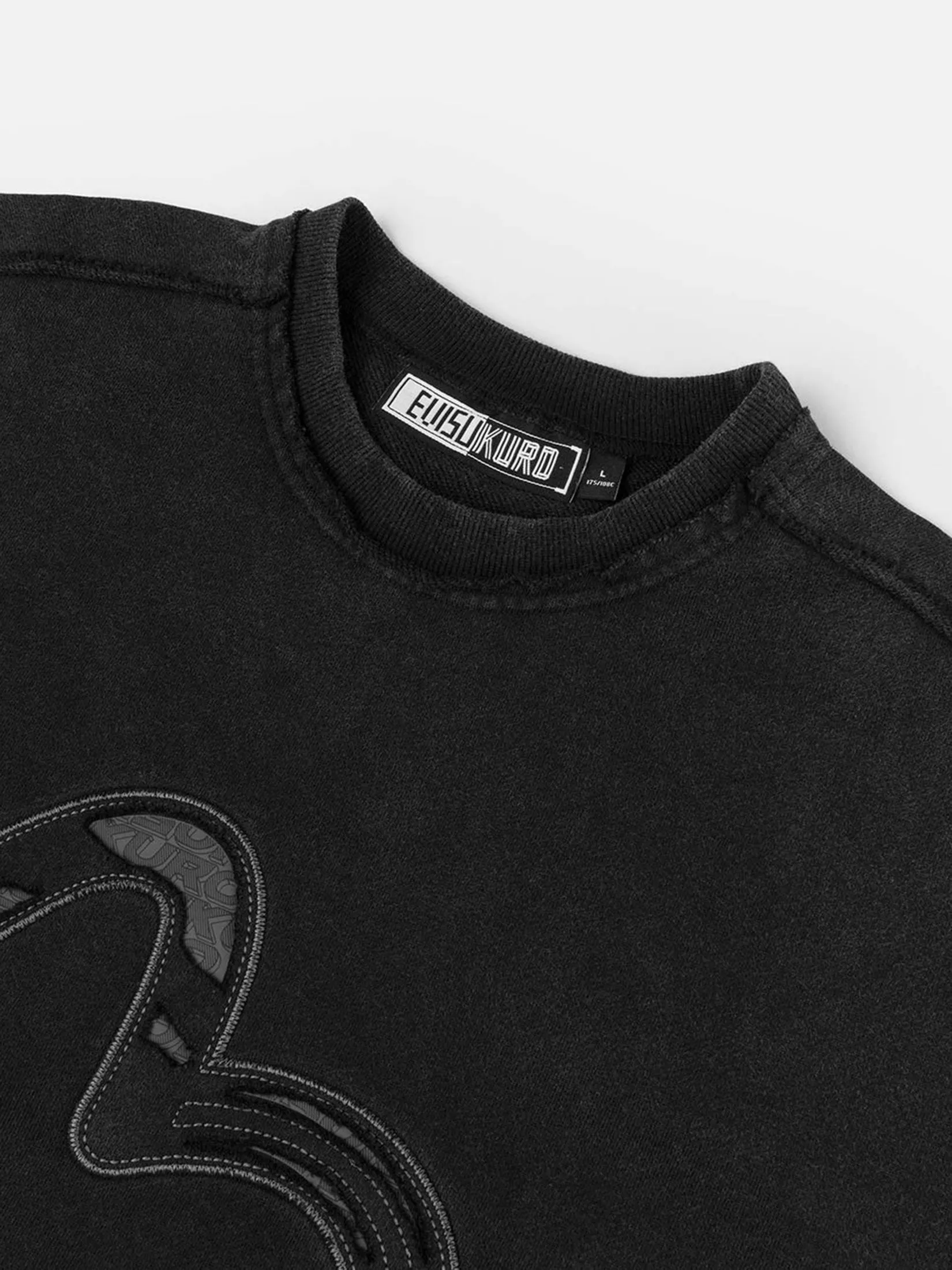 EVISU Men Sweatshirt Acid-wash and Distressed Seagull Appliqué Relax Fit Black