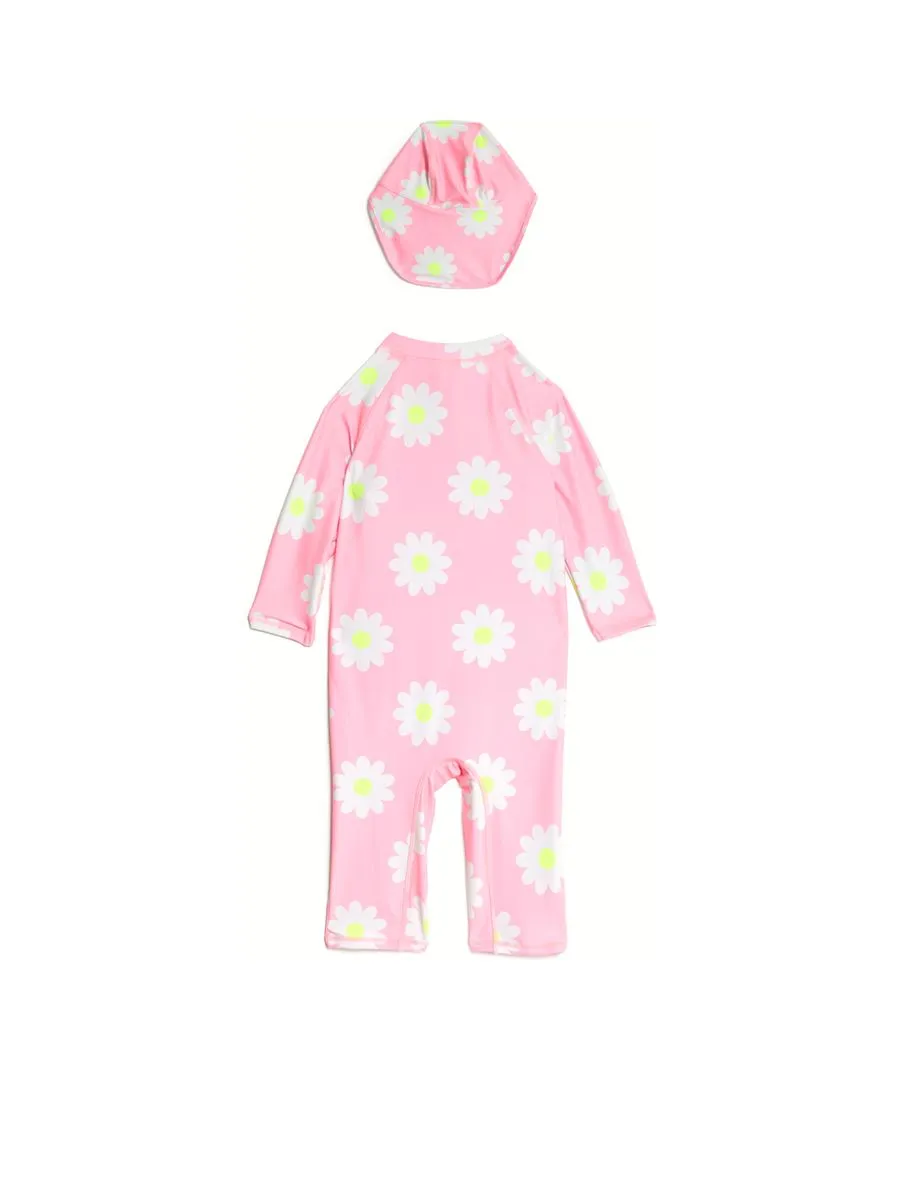 MARKS & SPENCER KIDS Girl Toddler swimsuit with Sun Hat All In One Daisy Print Pink Mix