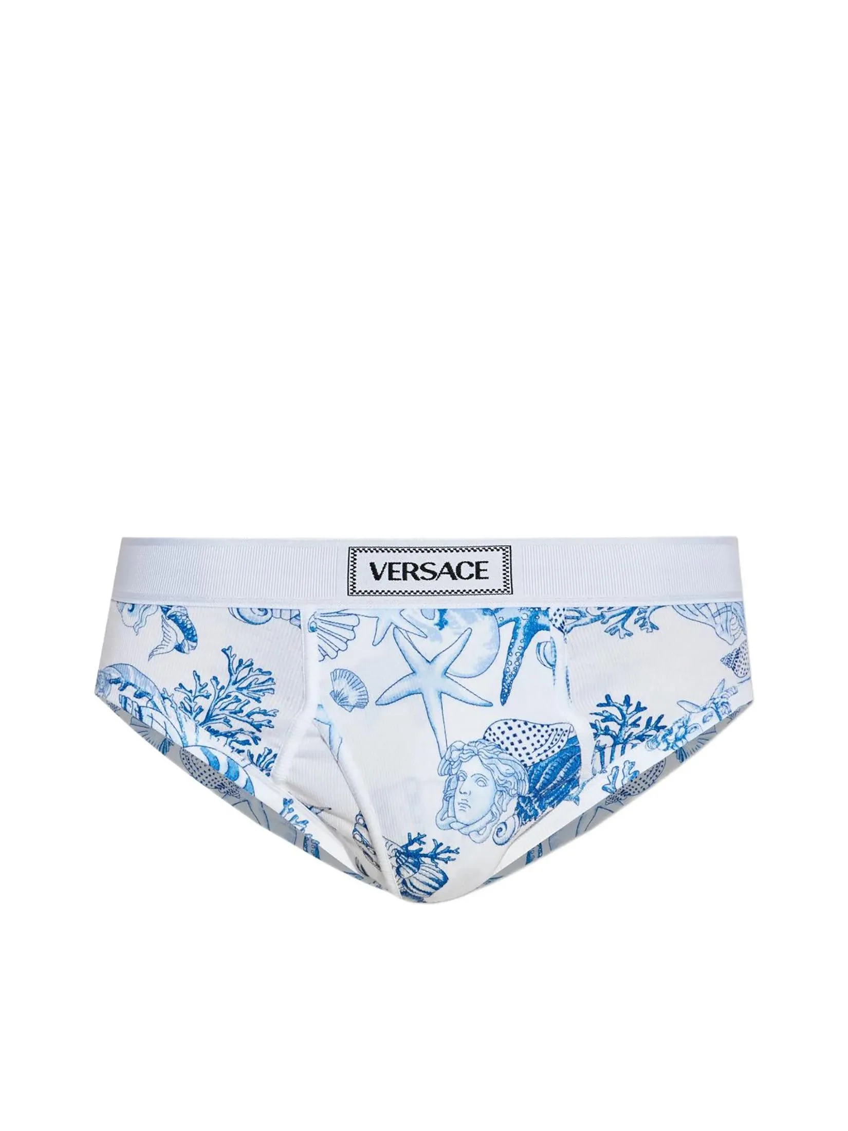 VERSACE UNDERWEAR Men Underwear Slip Tex Rib Cotton Bio La Vacanza Print White + Bright DV Blue