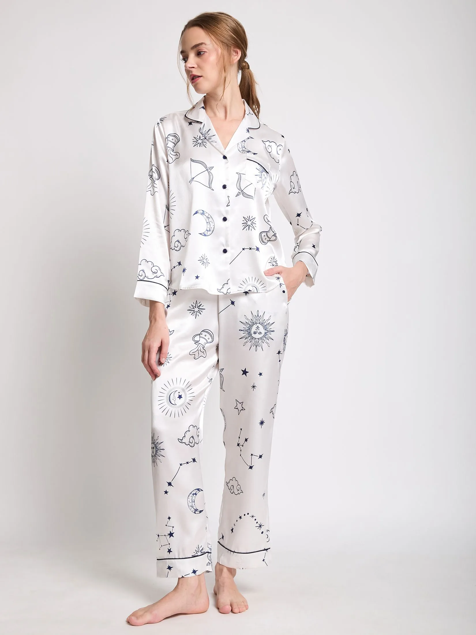 MARIA VICTORIA Women Pajamas Shirt Long Sleeves + Pants Off White