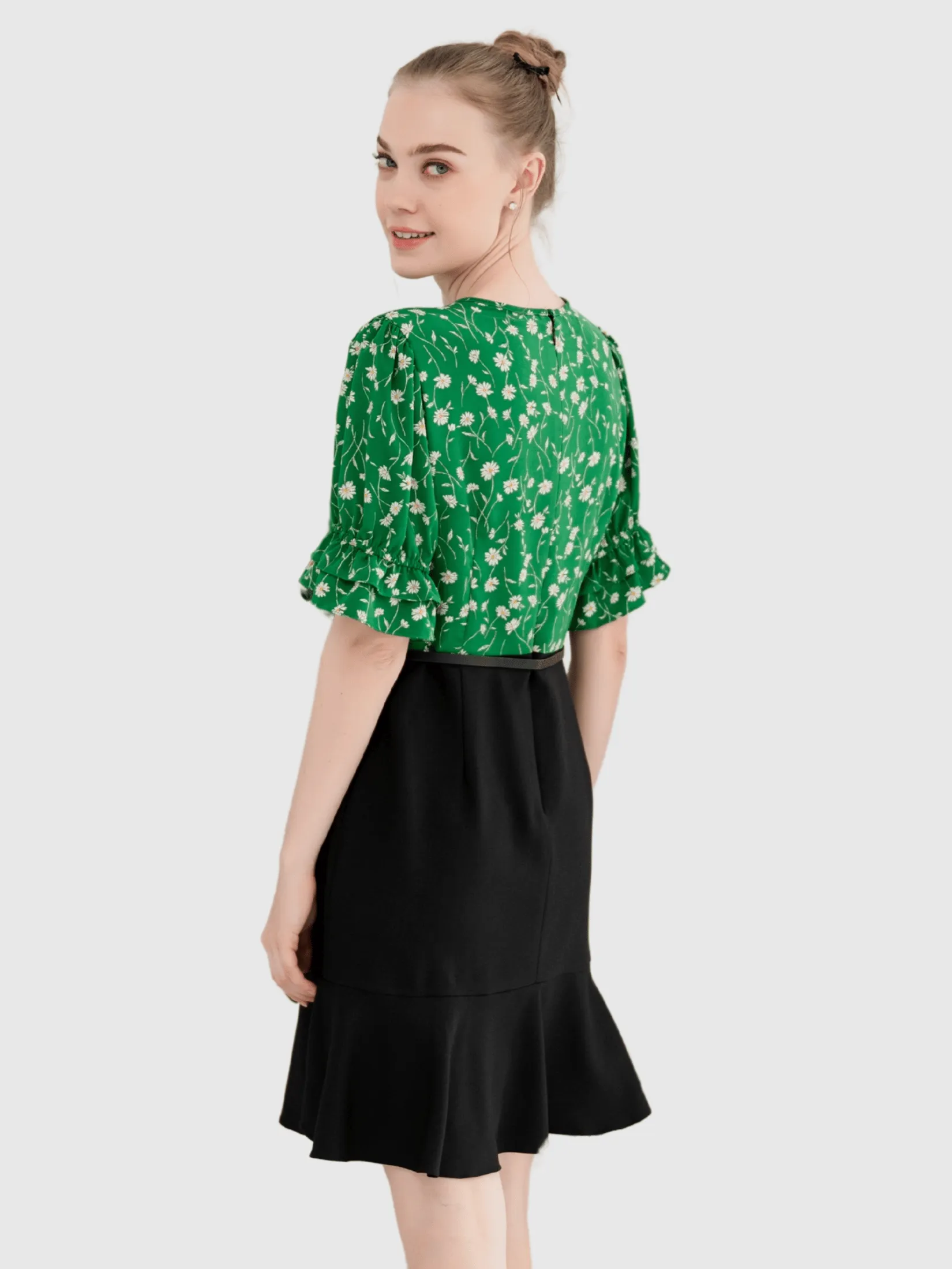 AMILA Women Dress Short Sleeves Peach Skin Green