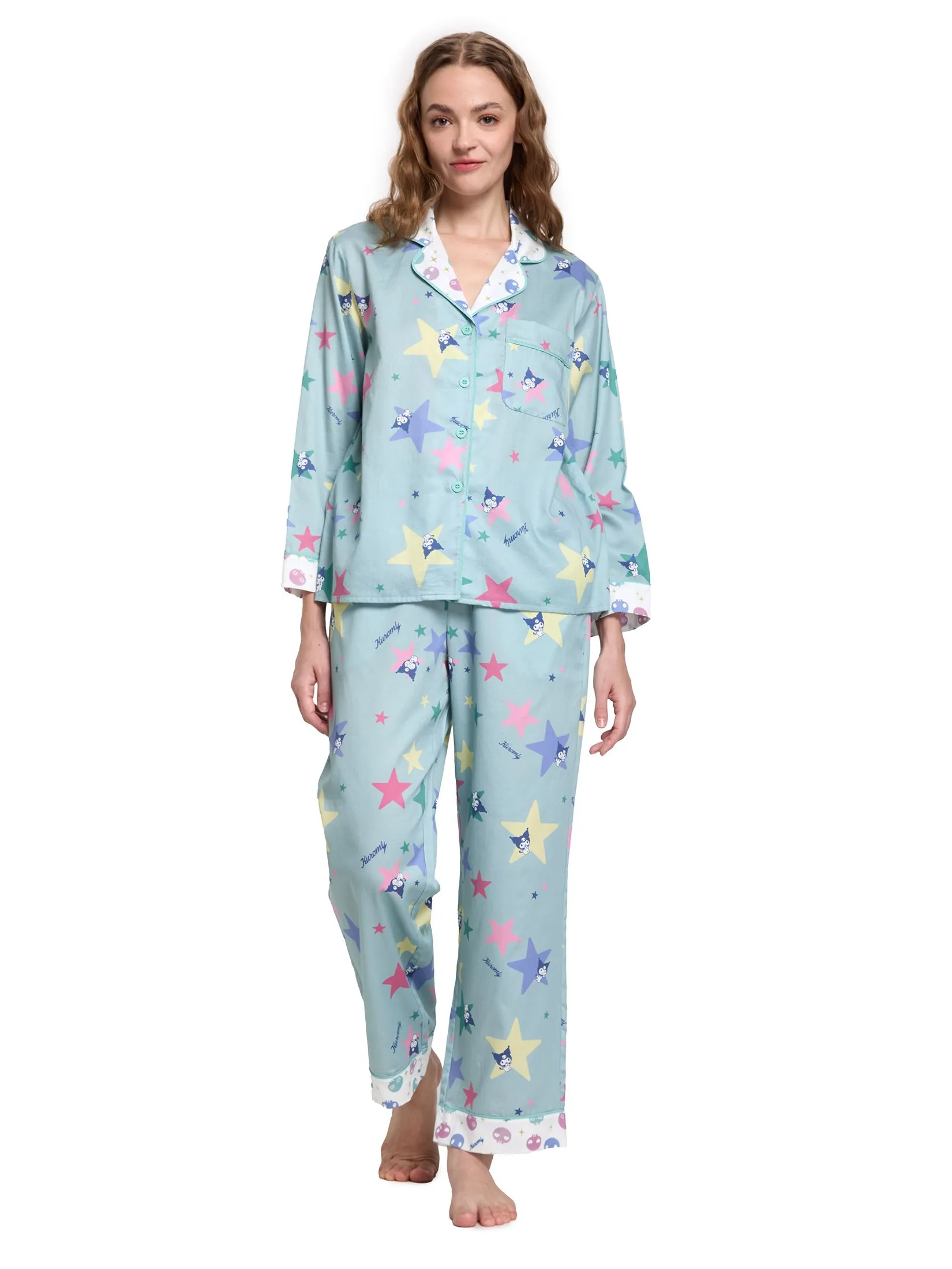 SANRIO Women Sleepwear Shirt Long Sleeves + Pants Kuromi Star Light Blue