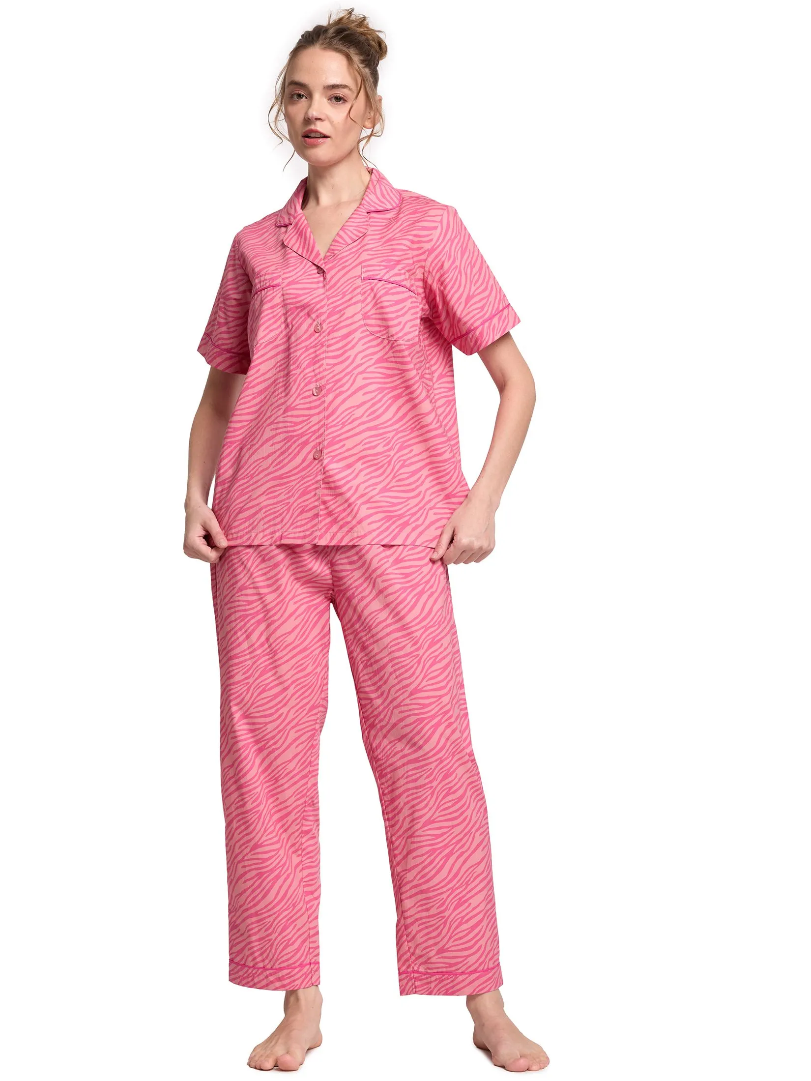 FOF Women Sleepwear Shirt Collar + Pants Linning Pink