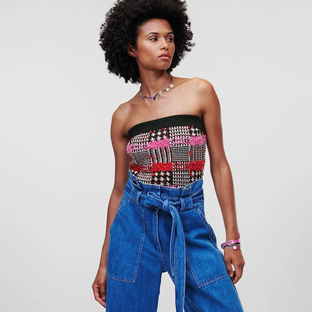 KARL LAGERFELD BOUCLÉ TUBE TOP BOUCLE PINK CHECK