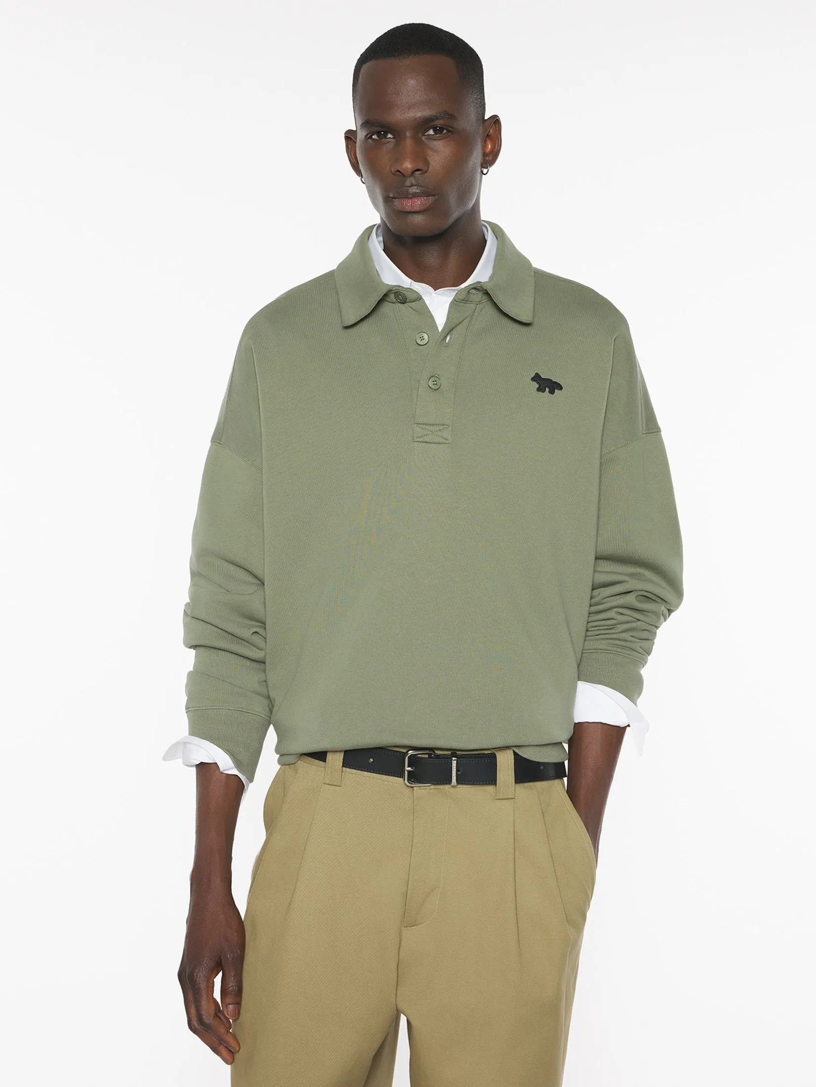MAISON KITSUNÉ Men Polo Sweatshirt Profile Fox Oversize Dark Khaki