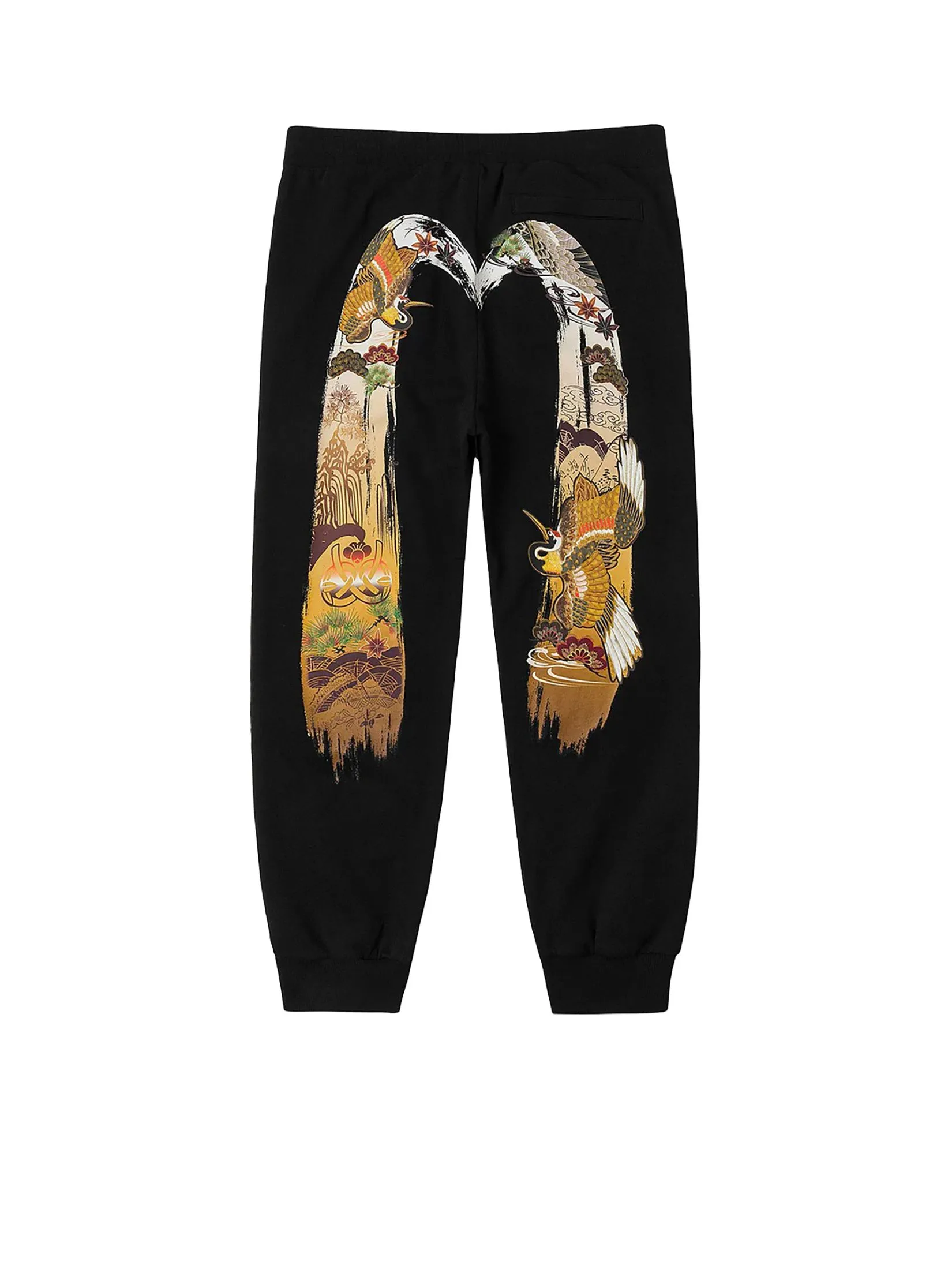 EVISU Men Sweatpants Logo Embroidery and Grateful Crane Daicock Print Regular Fit Black