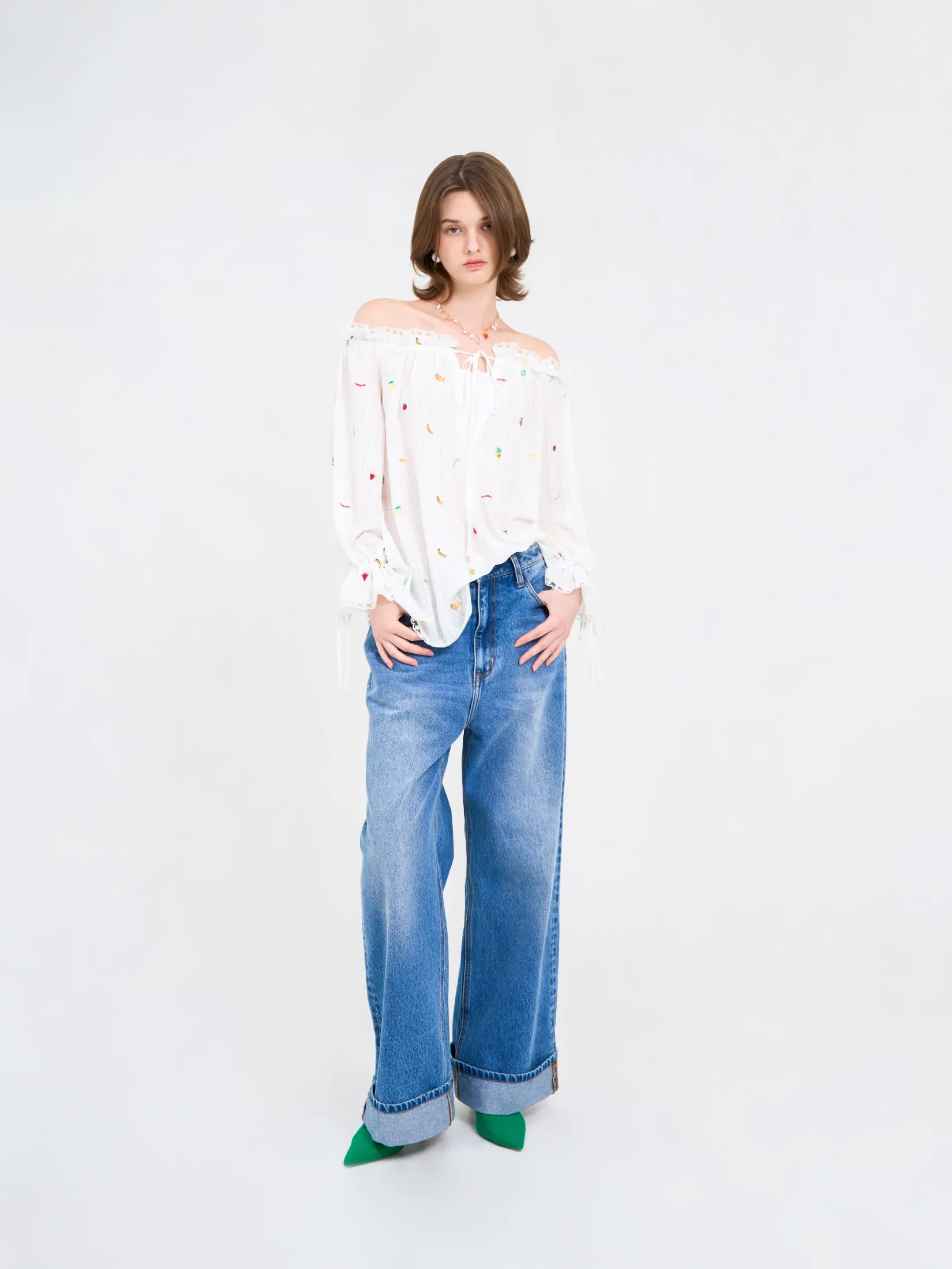 KLOSET (ฺBS25) Women Wide Leg Turn-Up Jeans