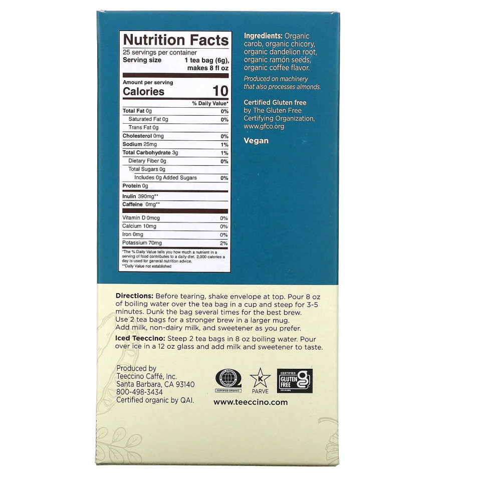 Teeccino, органический обжаренный травяной чай, одуванчик темного способа обжаривания, без кофеина, 25 чайных пакетиков, 150 г (5,3 унции)