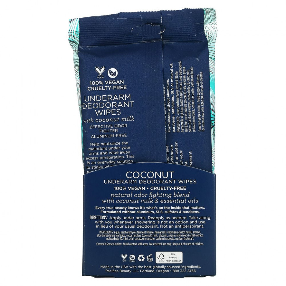 Pacifica, Дезодорантные салфетки для подмышек с кокосовым молоком и эфирными маслами, 30 предварительно увлажненных салфеток