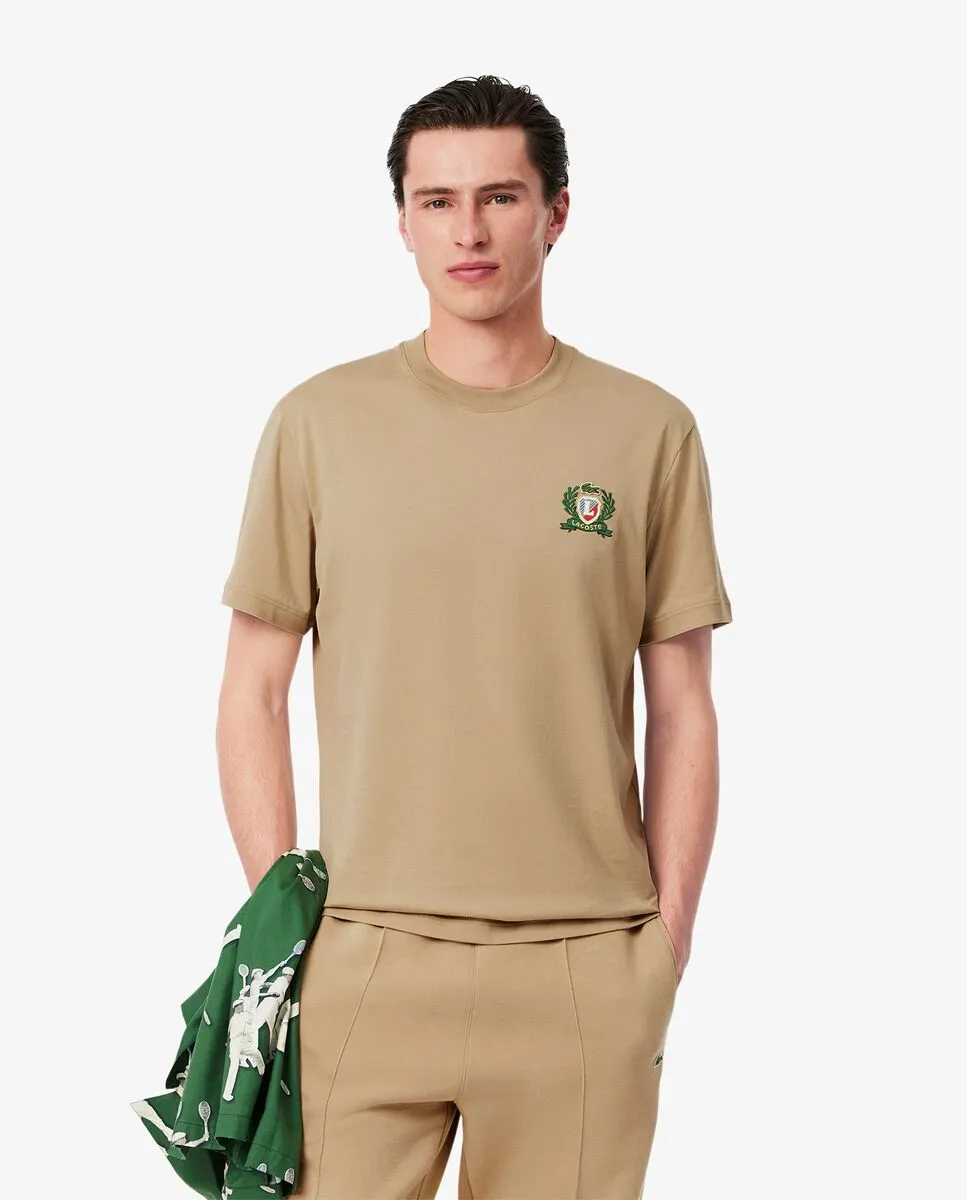 LACOSTE French Made Embroidered Badge T-Shirt Beige