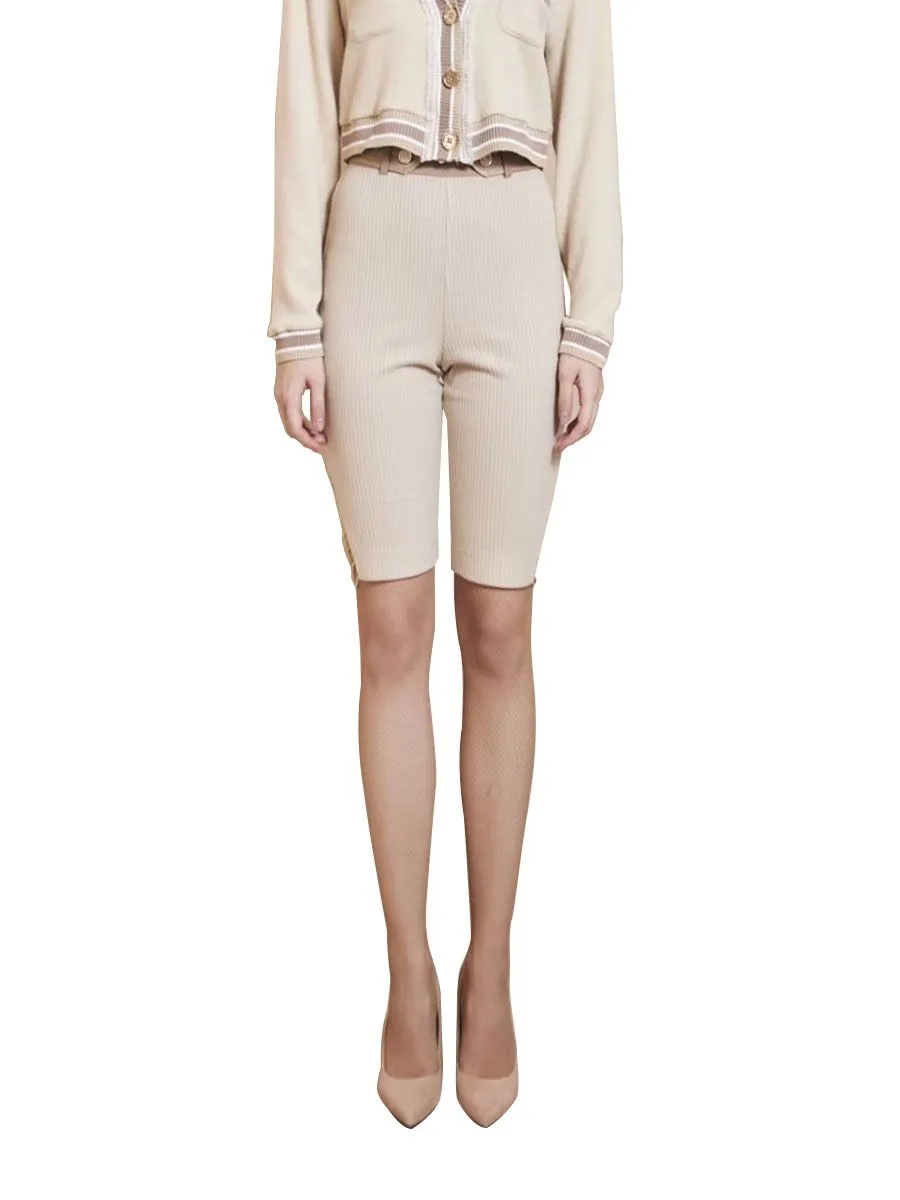 THEA BY THARA Button-Detailed Ribbed Stretch-Knit Shorts Cream Size - 0 US