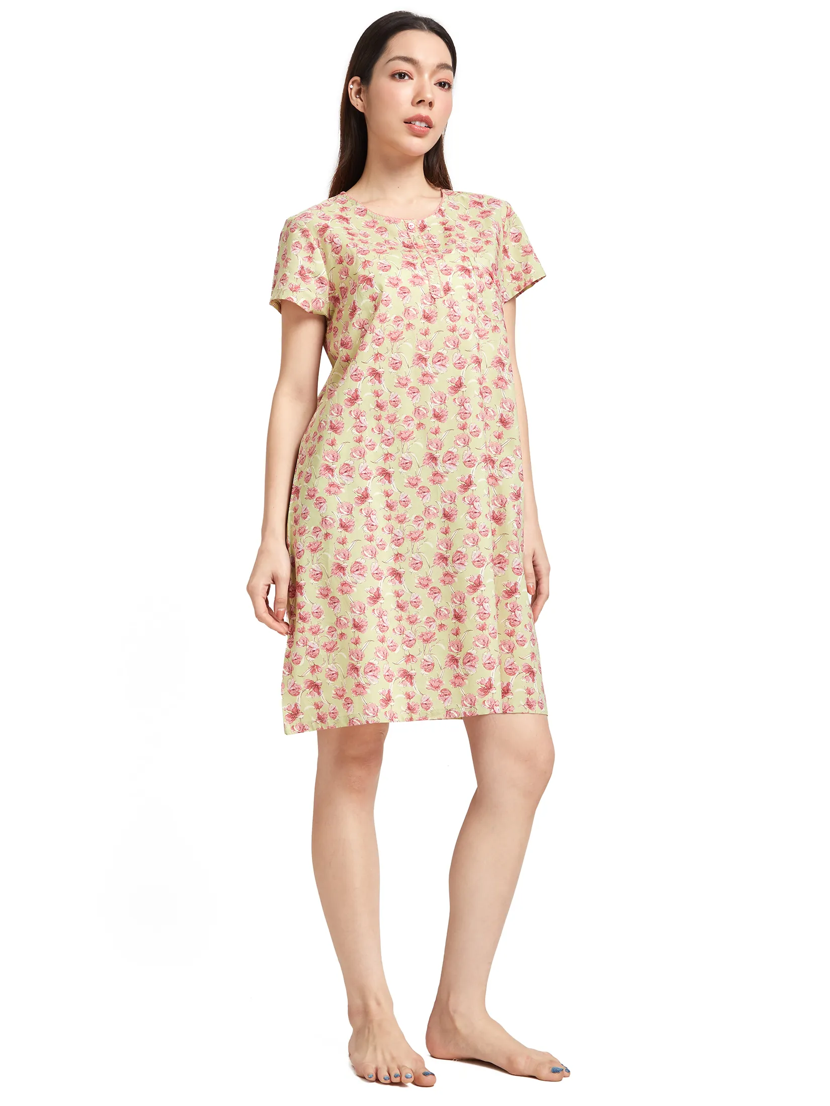 CLAUDIA'S ROMANCE Women Night Dress Short Sleeves Round Neck Floral Print Green