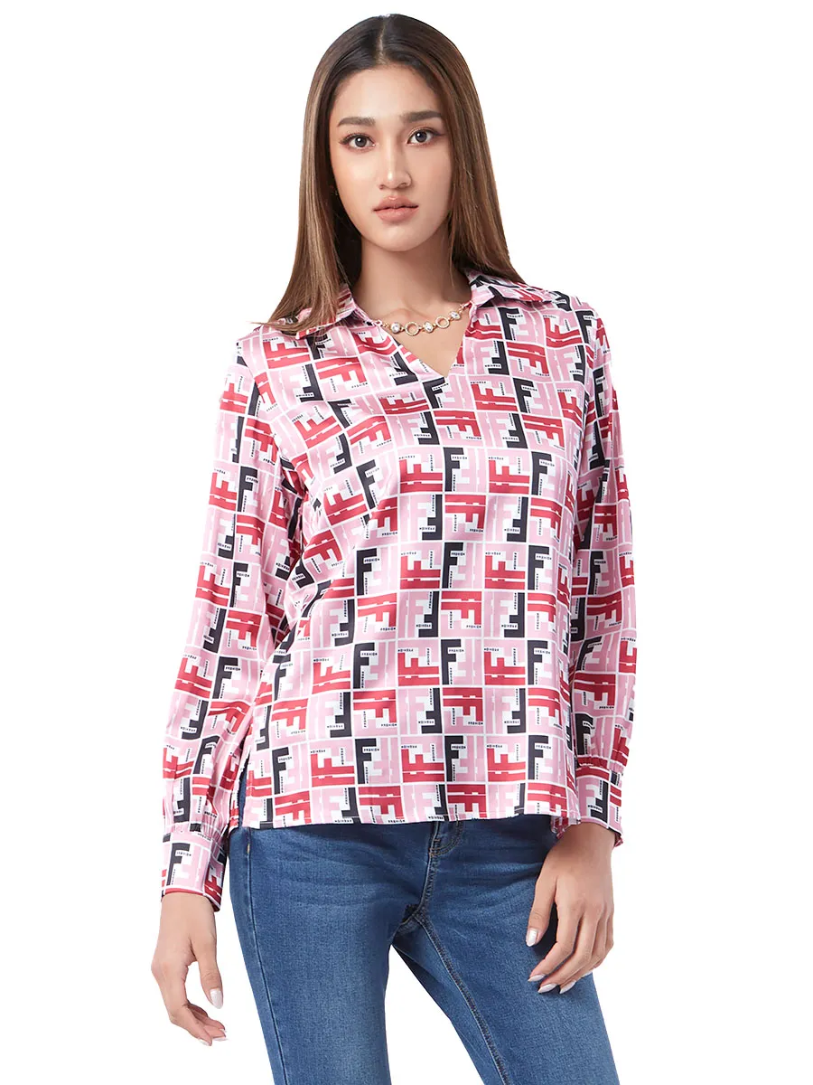 F-FASHION V-Cut Neck Satin Blouse Women MID PINK