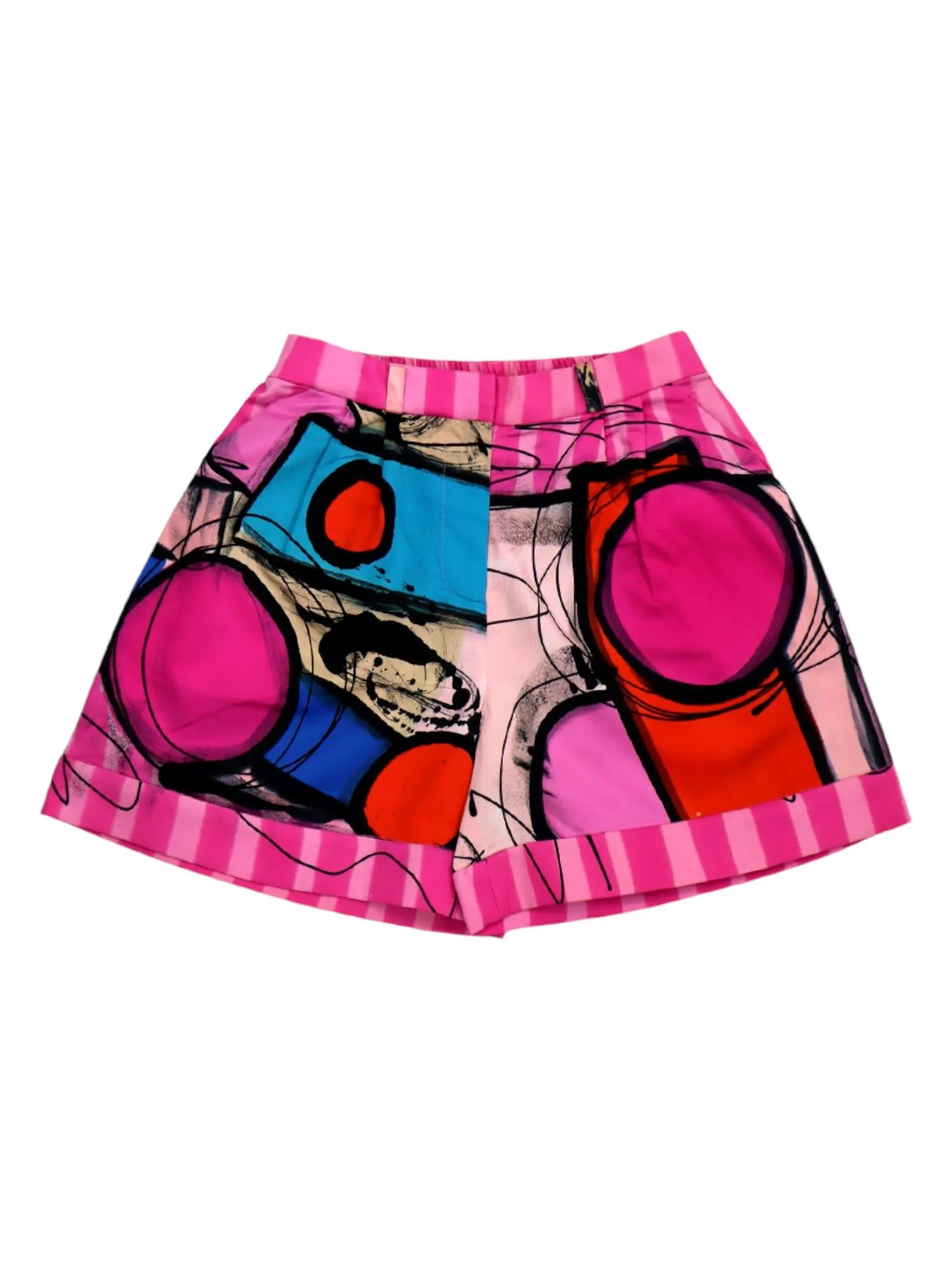 YODYOKO Woman Short Pants With Zipper - Pink : Abstract pink and red circles on square blocks.