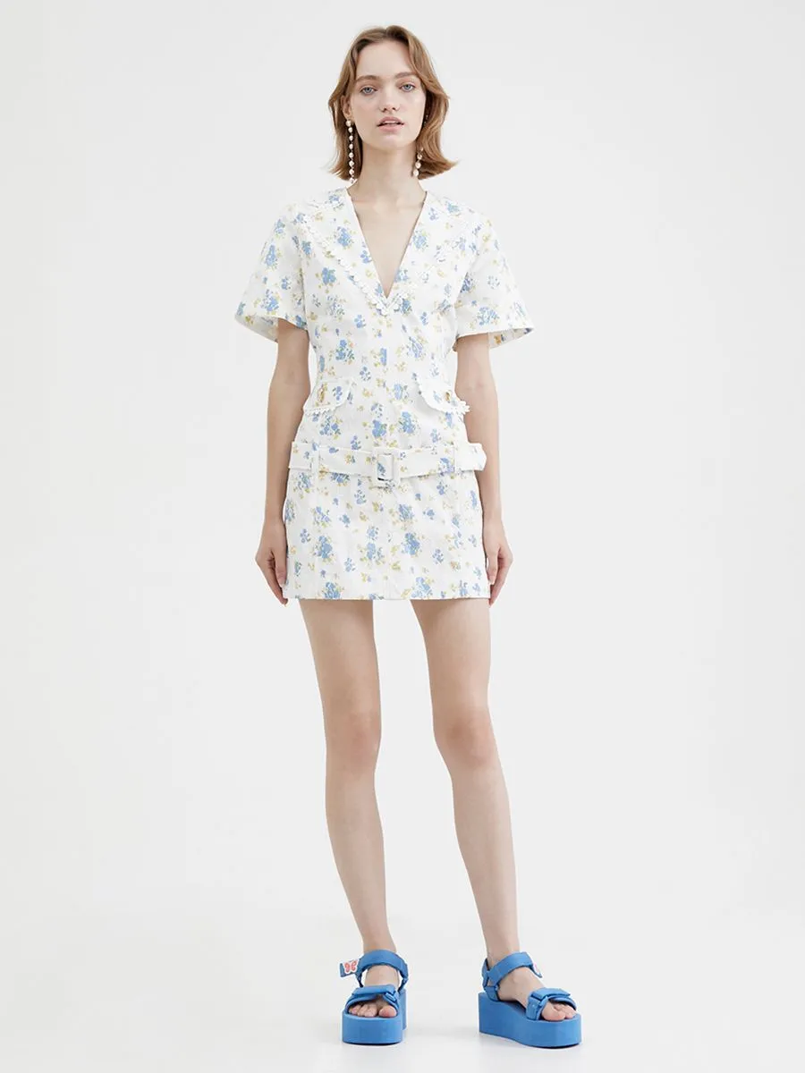 KLOSET (RS23)Flowers Lace Front Pockets Dress With Belt Blue