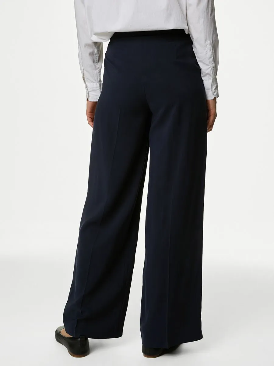 MARKS & SPENCER Women Trousers Wide Leg Pleat Front Dark Navy