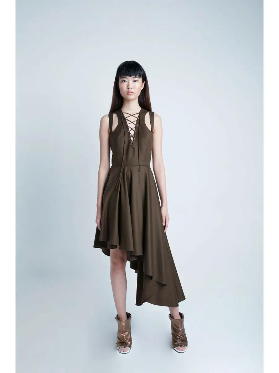 SENADA WOMEN EYELET OLIVE ASYMMETRIC DRESS