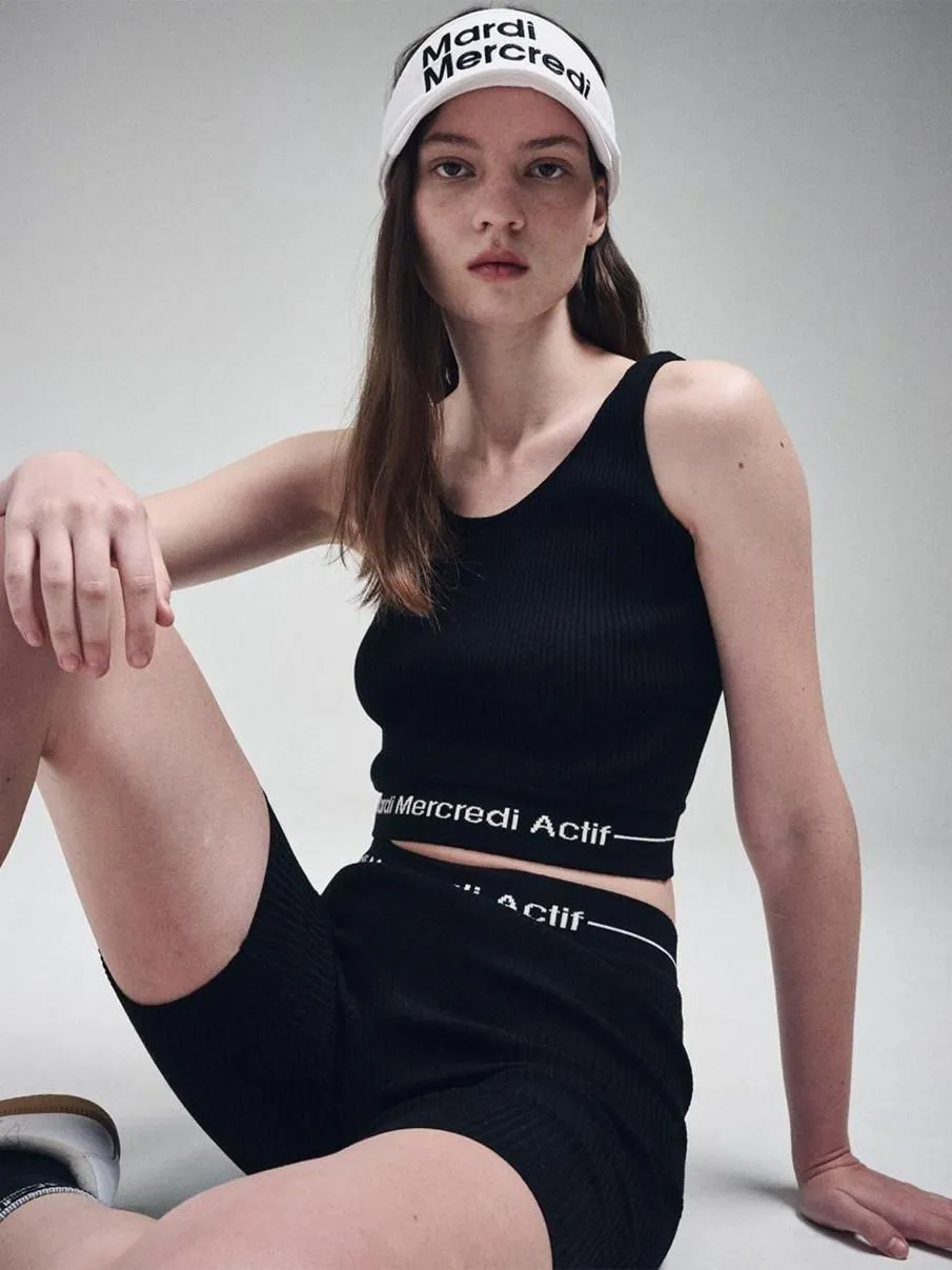 MARDI MERCREDI ACTIF Sleeveless Knit Tank Top Logo Jacquard Band Black Ivory F