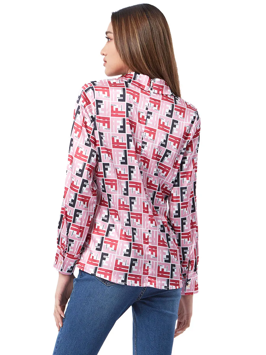 F-FASHION V-Cut Neck Satin Blouse Women MID PINK