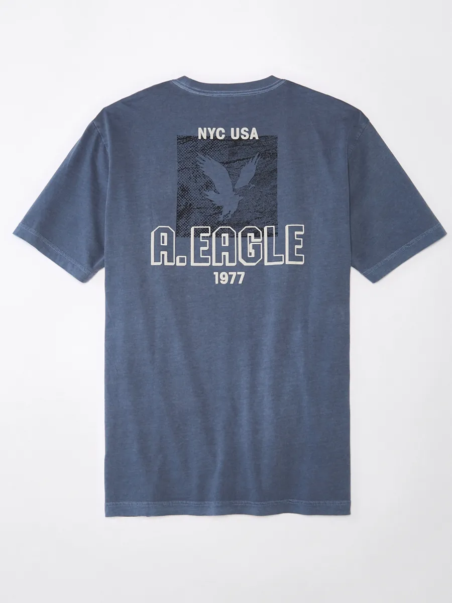 AMERICAN EAGLE MEN G ELEV BRAND SS SET IN- OVERDYED HTHR + SERIOUSLY SOFT WASH 400 BLUE