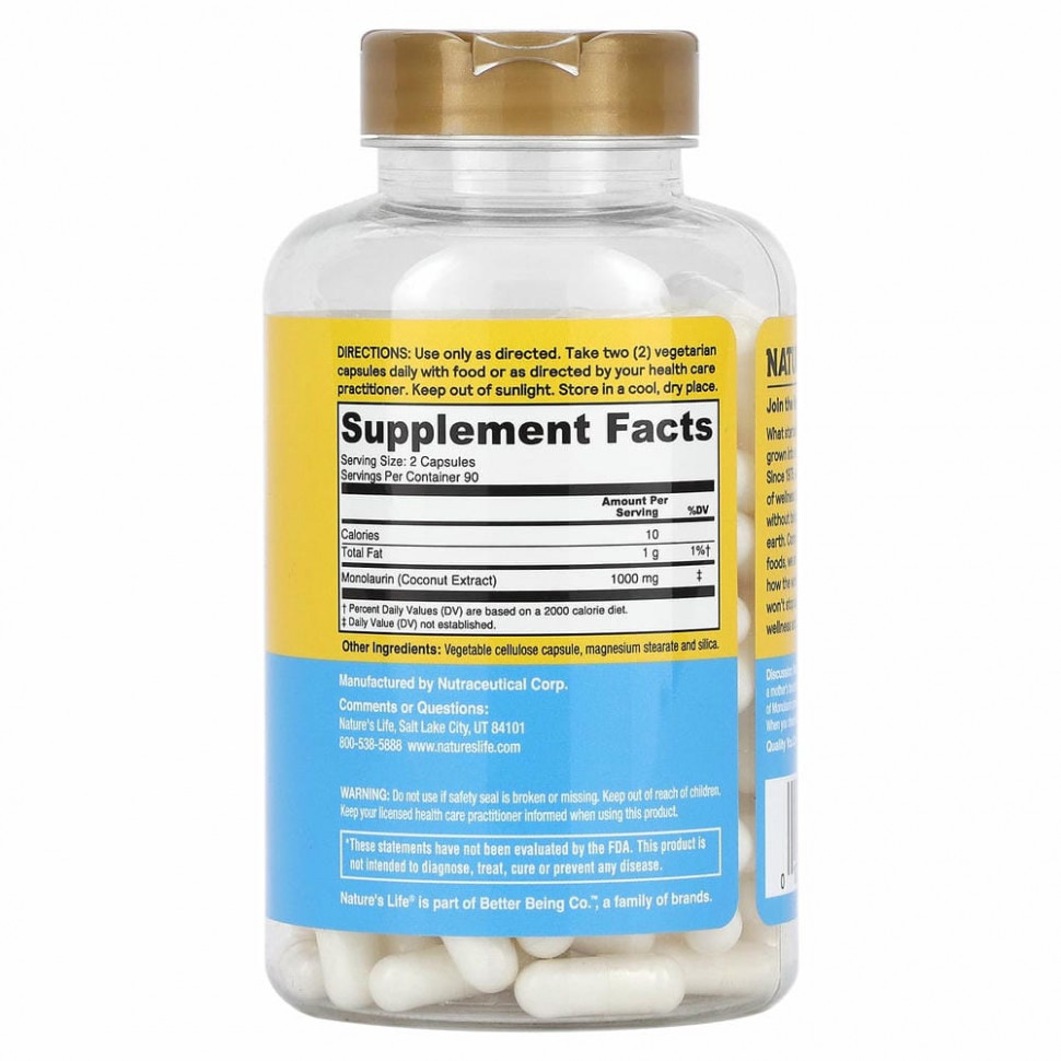 Nature's Life, монолаурин, 180 вегетарианских капсул