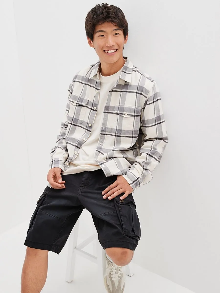 AMERICAN EAGLE MEN JIM PLAID RYAN FLANNEL SHIRT 106 CREAM
