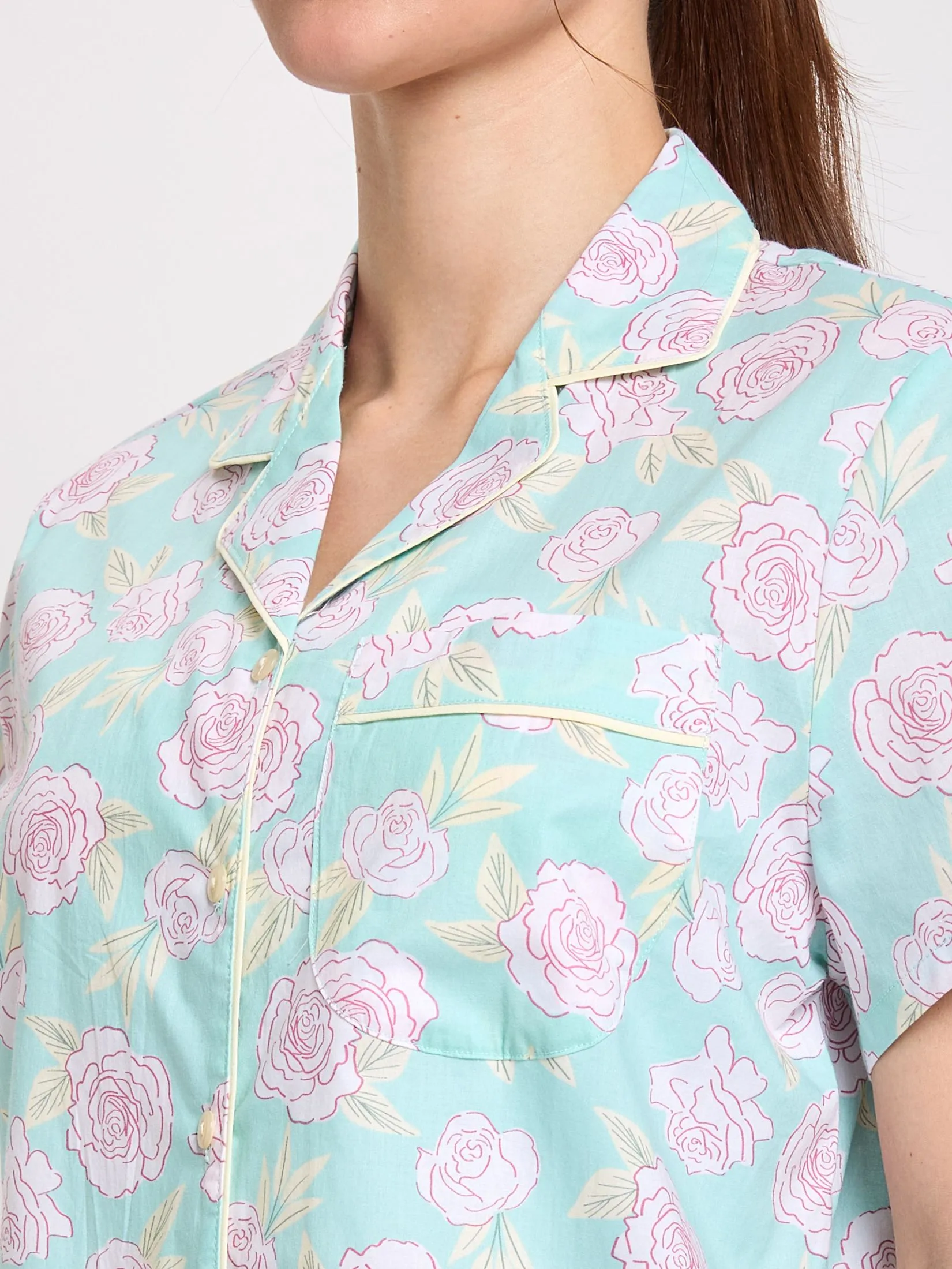 CLAUDIA'S ROMANCE Women Pajamas Set Hawaiian Shirt Short Sleeves + 5-Part Pants Green