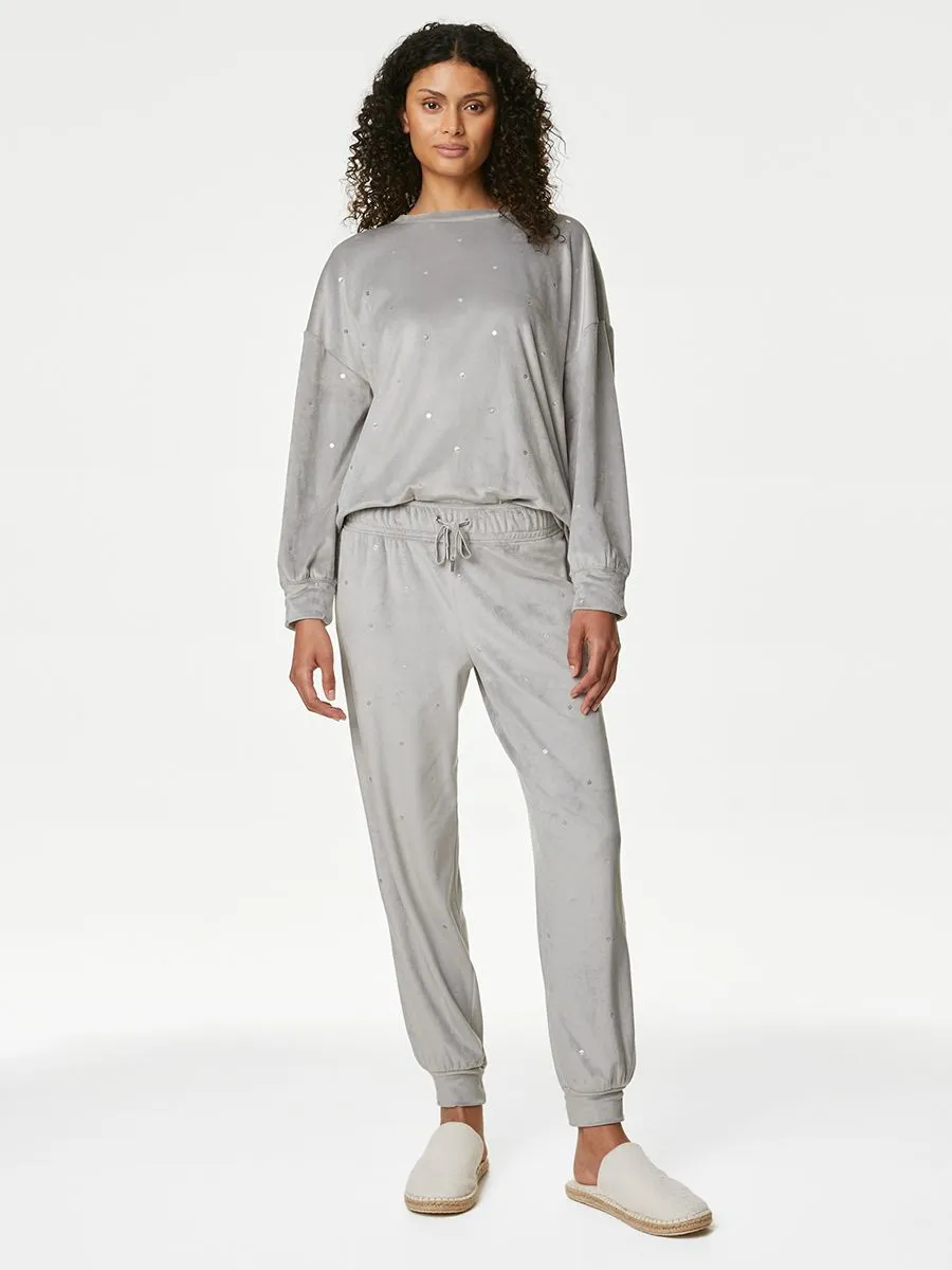 MARKS & SPENCER Women Joggers Flexifit Velour Polka Dot Lounge Medium Grey