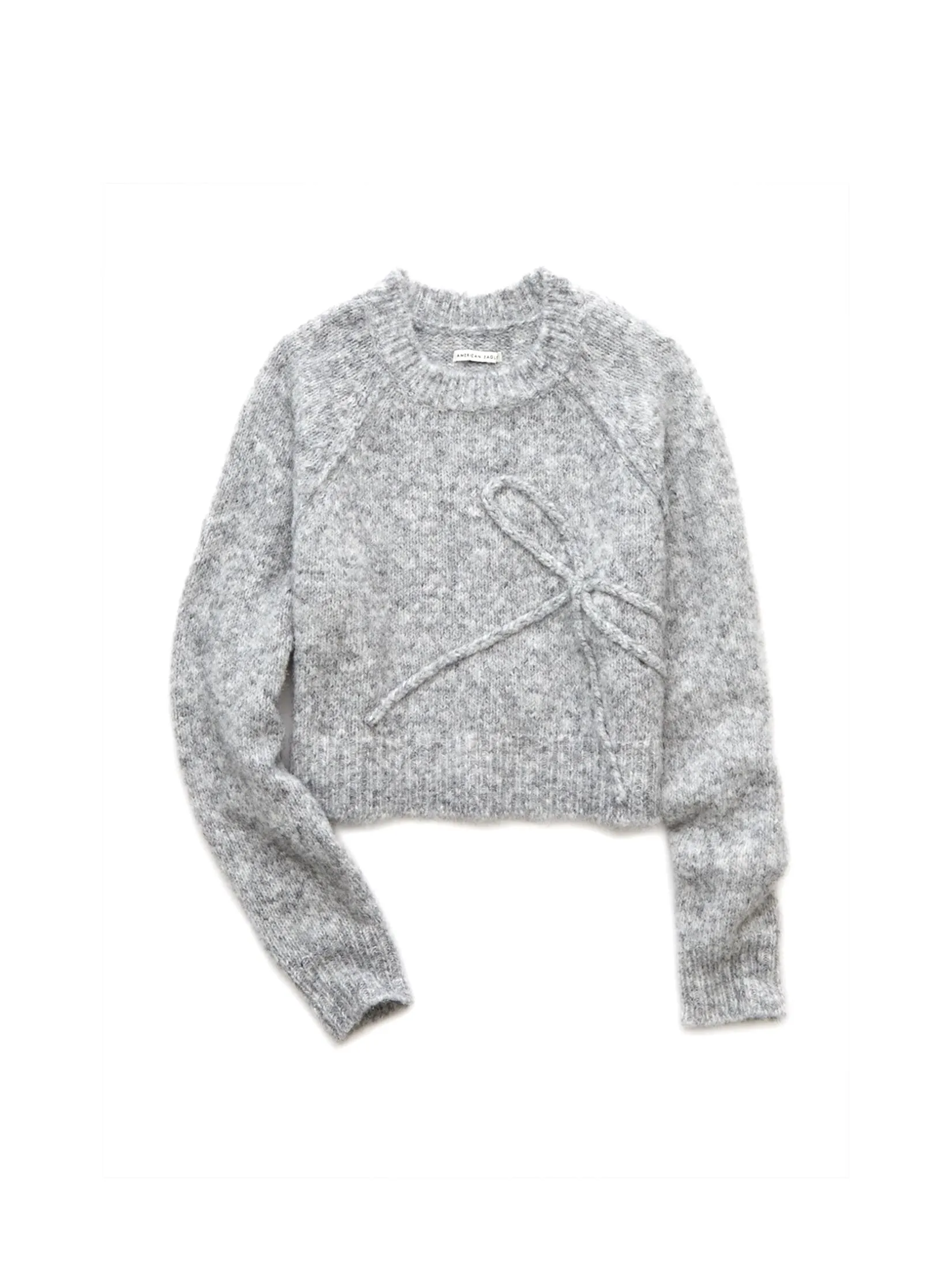 AMERICAN EAGLE WOMEN 1373 LS CROPPED CREW NK BOW NOVELTY 092 LIGHT HEATHER GRAY